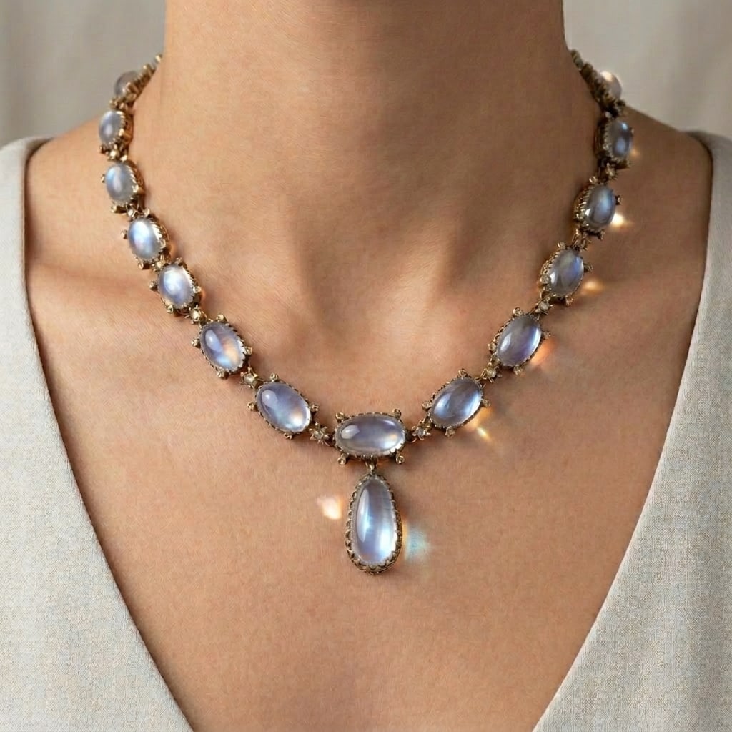 ANTIQUE MOONSTONE NECKLACE: ANTIQUE MOONSTONE NECKLACE,40,9 grams.Lovely moonstones with nice blue shiller.L. 41 cm.