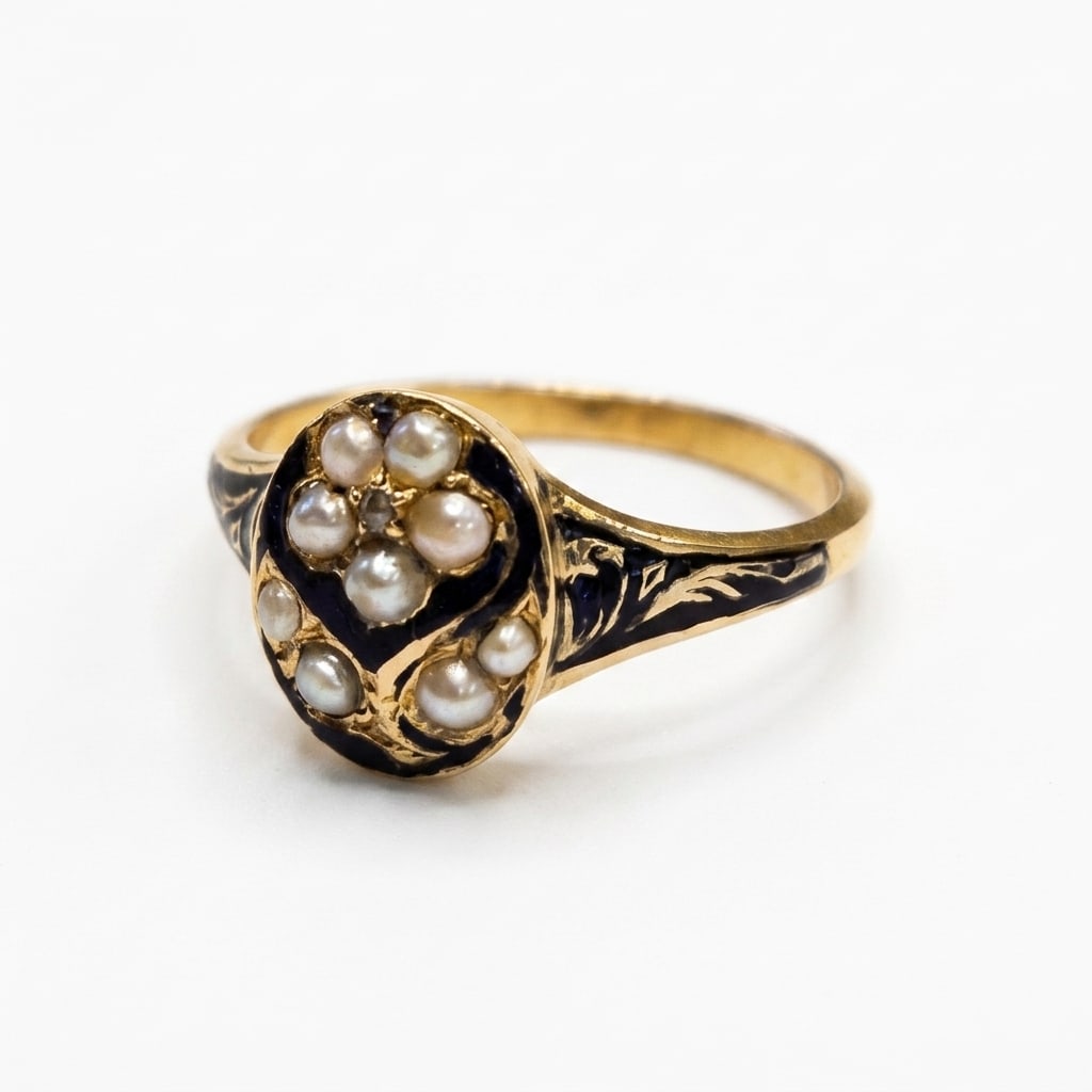 LOVELY ANTIQUE ENAMEL PEARL AND DIAMOND RING: LOVELY ANTIQUE ENAMEL PEARL AND DIAMOND RING,testing high carat gold.Lovely blue enamel.Fine pearls.Locket back.Size L.