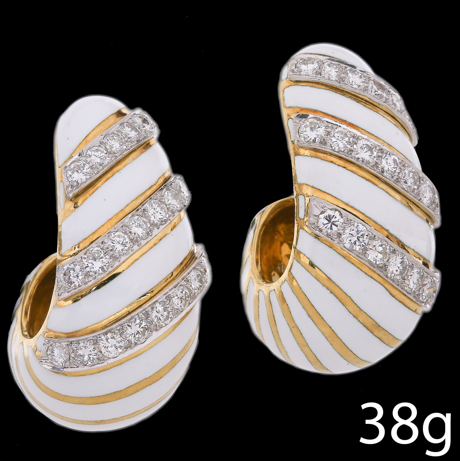 PAIR OF ENAMEL AND DIAMOND EARRINGS: PAIR OF ENAMEL AND DIAMOND EARRINGS,38 grams, 18 ct. gold and platinum.White enamel in good condition.Diamonds totalling approx. 3 ct.L. 3.3 cm.David Webb?