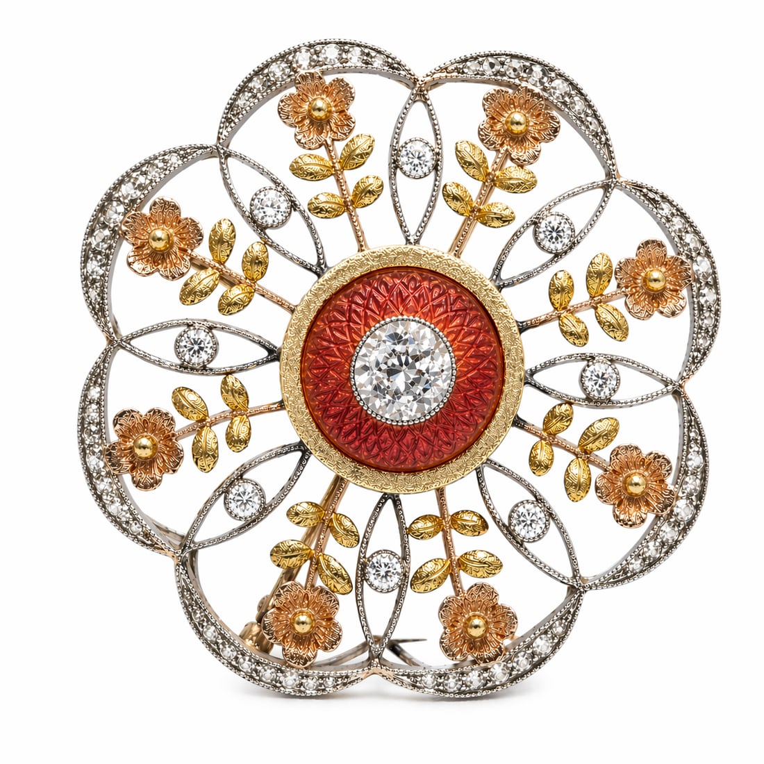 EDWARDIAN ENAMEL AND DIAMOND BROOCH: EDWARDIAN ENAMEL AND DIAMOND BROOCH,15.1 grams, testing high carat gold and platinum.Bright and lively old cut centre diamond of approx. 1.25 ct.The floral accents in lovely multi colour gold.The cent