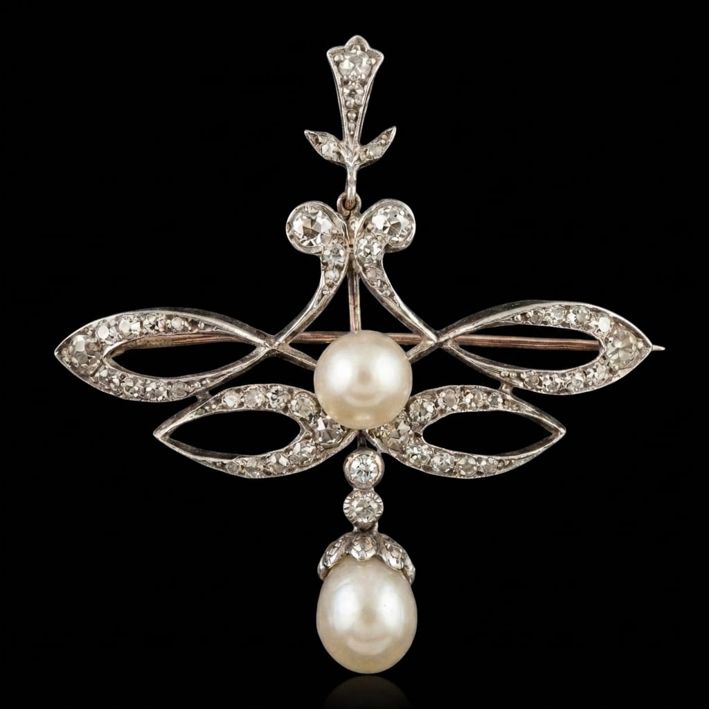 EDWARDIAN CERTIFICATED NATURAL SALTWATER PEARL AND BROOCH/PENDANT: EDWARDIAN CERTIFICATED NATURAL SALTWATER PEARL AND BROOCH/PENDANT,5.6 grams, testing high carat gold and platinum.Largest pearl of approx. 7.3 x 6.6 x 6.3 mm. (Certificated, Natural, Saltwater).Diamon