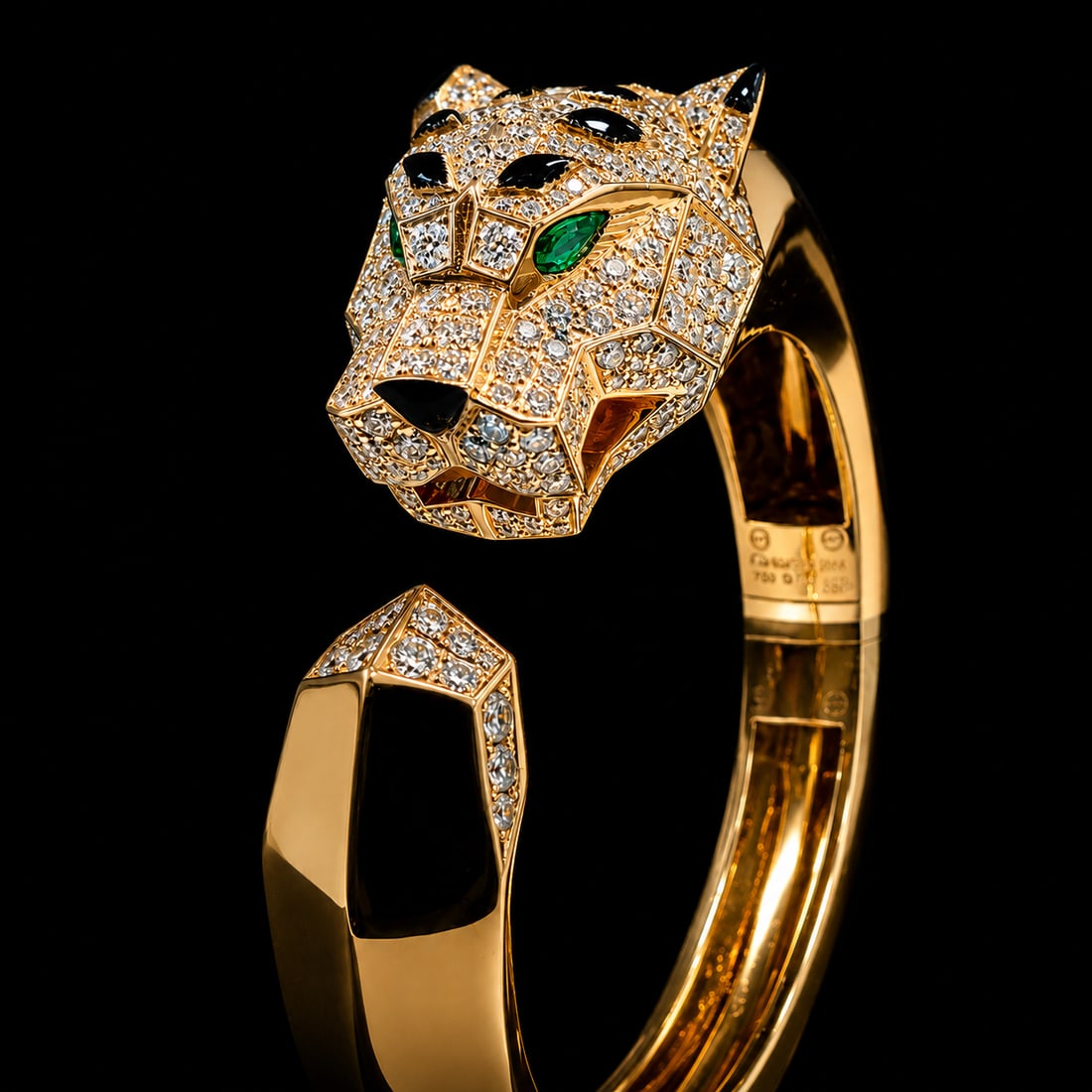 VERY FINE ONYX AND DIAMOND PANTHER BANGLE, IN THE STYLE OF CARTIER (1 of 2)