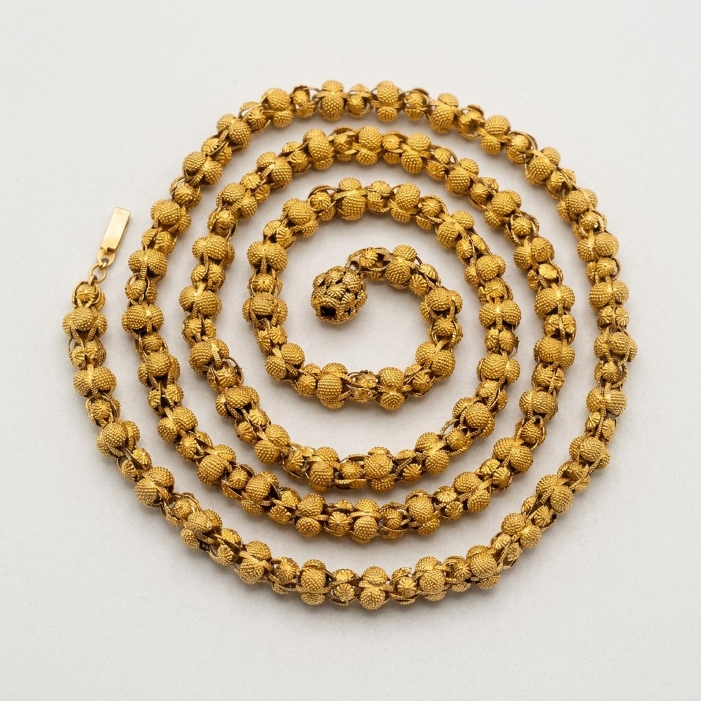 FINE FRENCH GOLD FANCY LINK LONG CHAIN NECKLACE: FINE FRENCH GOLD FANCY LINK LONG CHAIN NECKLACE,47,5 grams, 18 ct. gold (French marked).The links of fine 3-dimensional design.Larger links alternated with slightly smaller links.Large links of approx