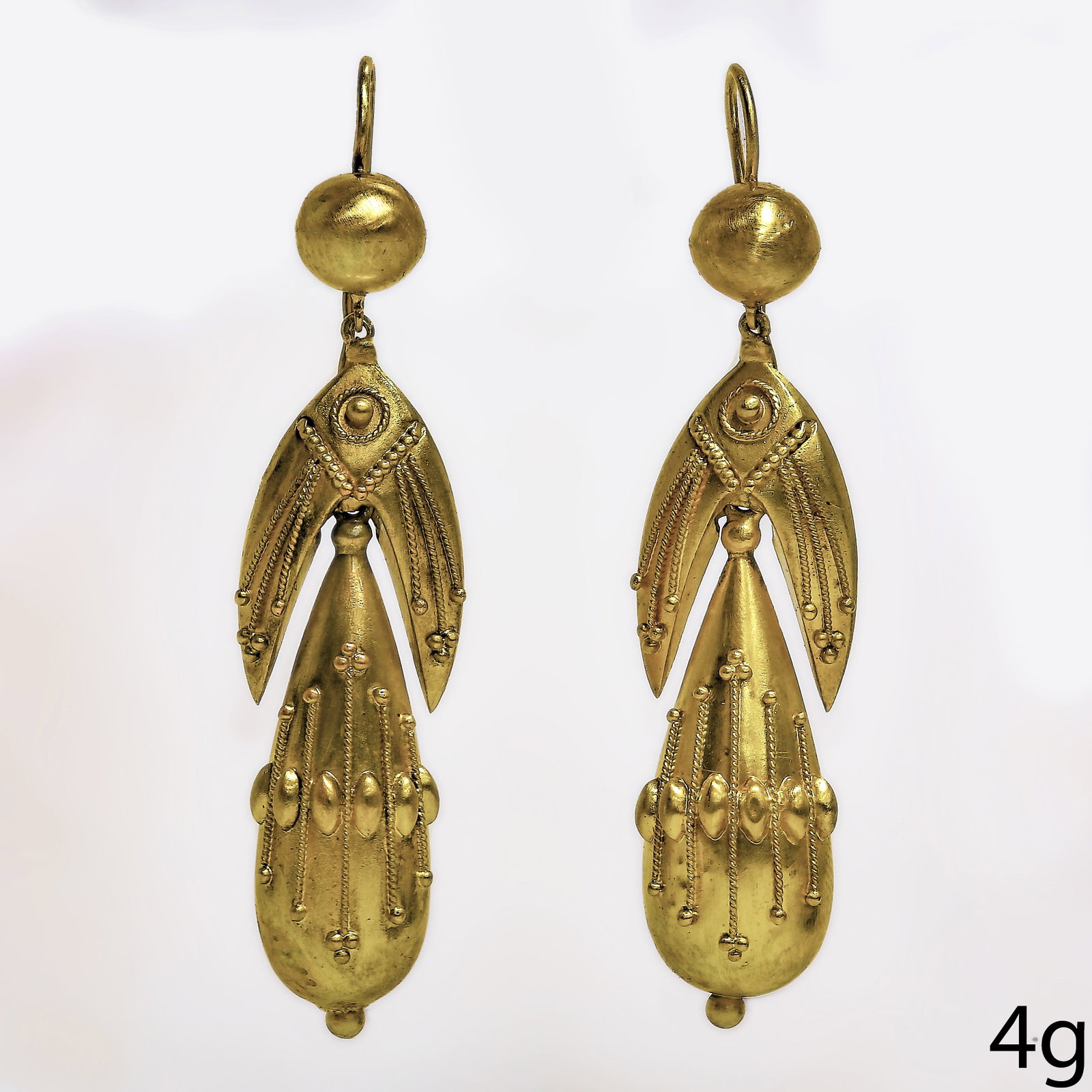 PAIR OF VICTORIAN ETRUSCAN REVIVAL EARRINGS: PAIR OF VICTORIAN ETRUSCAN REVIVAL EARRINGS,4 grams, testing high carat gold.Fine twisted rope decoration.L. 5.1 cm.