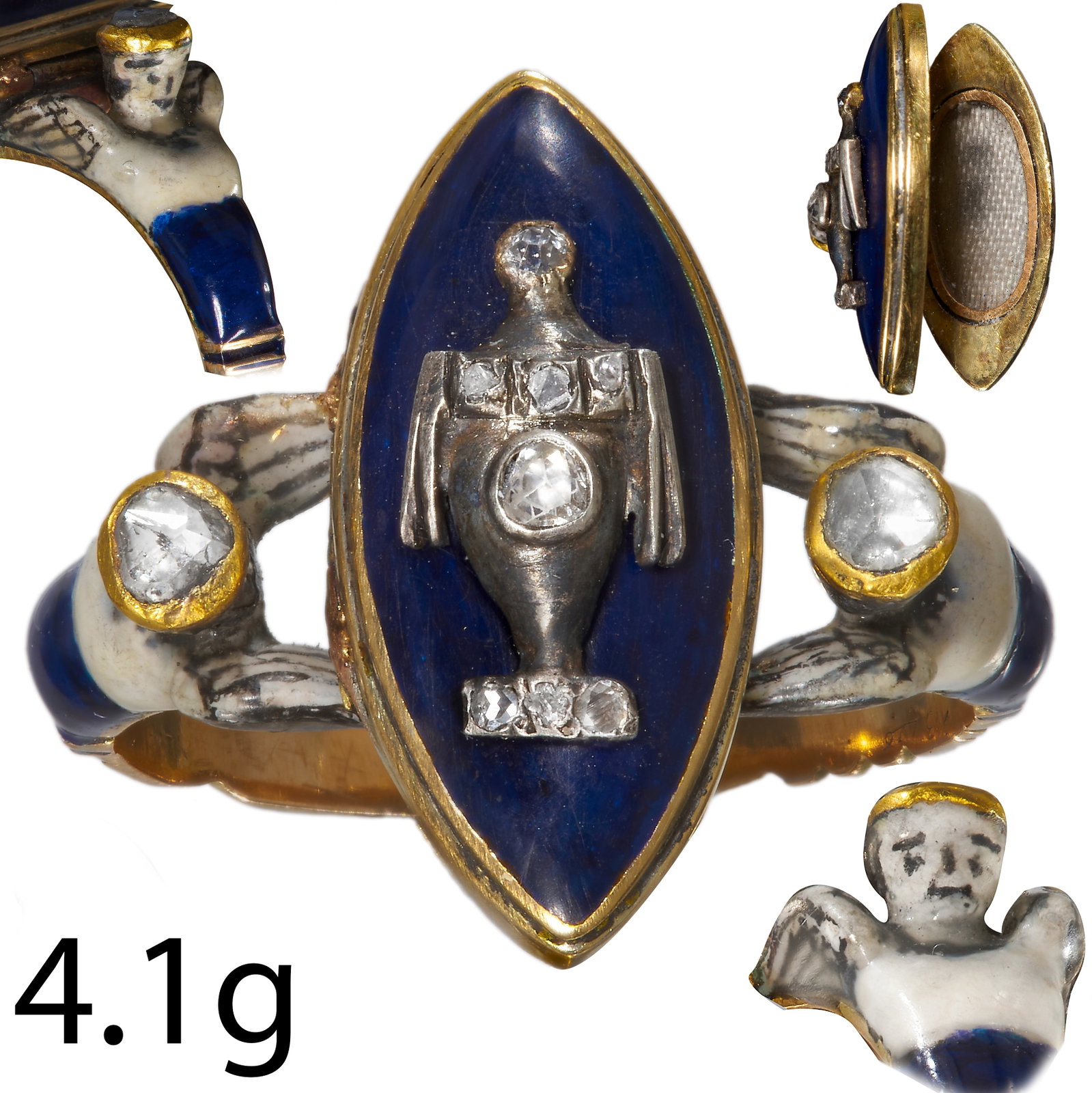 RARE ANTIQUE GEORGIAN ENAMEL AND DIAMOND LOCKET RING (1 of 1)