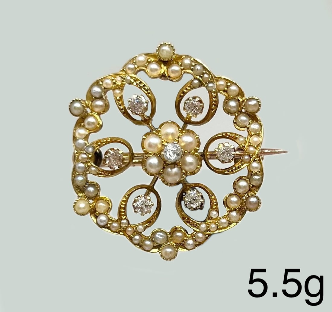 VICTORIAN PEARL AND DIAMOND BROOCH: VICTORIAN PEARL AND DIAMOND BROOCH,5,5 grams, 15 ct. gold.Pearls generally well matched.Diamonds bright and lively.Diam. 2.5 cm.