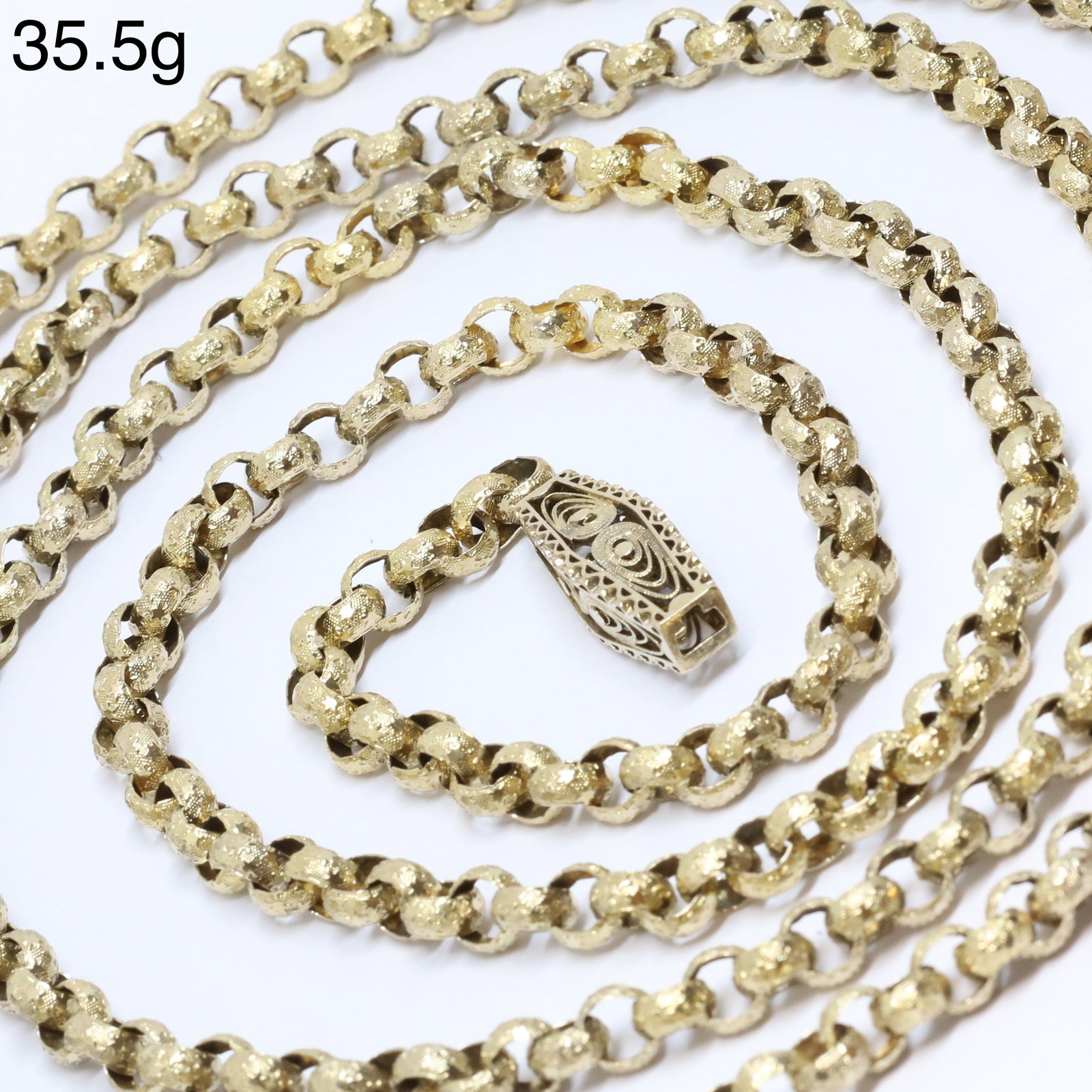 LOVELY ANTIQUE BELCHER LINK GUARD CHAIN GOLD NECKLACE: LOVELY ANTIQUE BELCHER LINK GUARD CHAIN GOLD NECKLACE,35.5 grams.Each link fine decorated with star motifs.L. 128 cm.