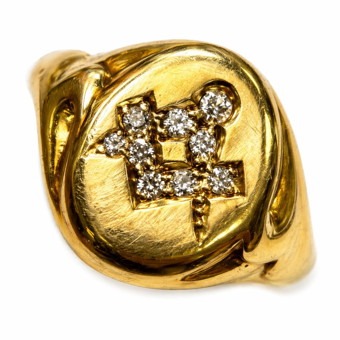 UNUSUAL MASONIC DIAMOND RING: UNUSUAL MASONIC DIAMOND RING,9.6 grams, 18 ct. gold.The ring with a diamond set square and compass.Size S 1/2.