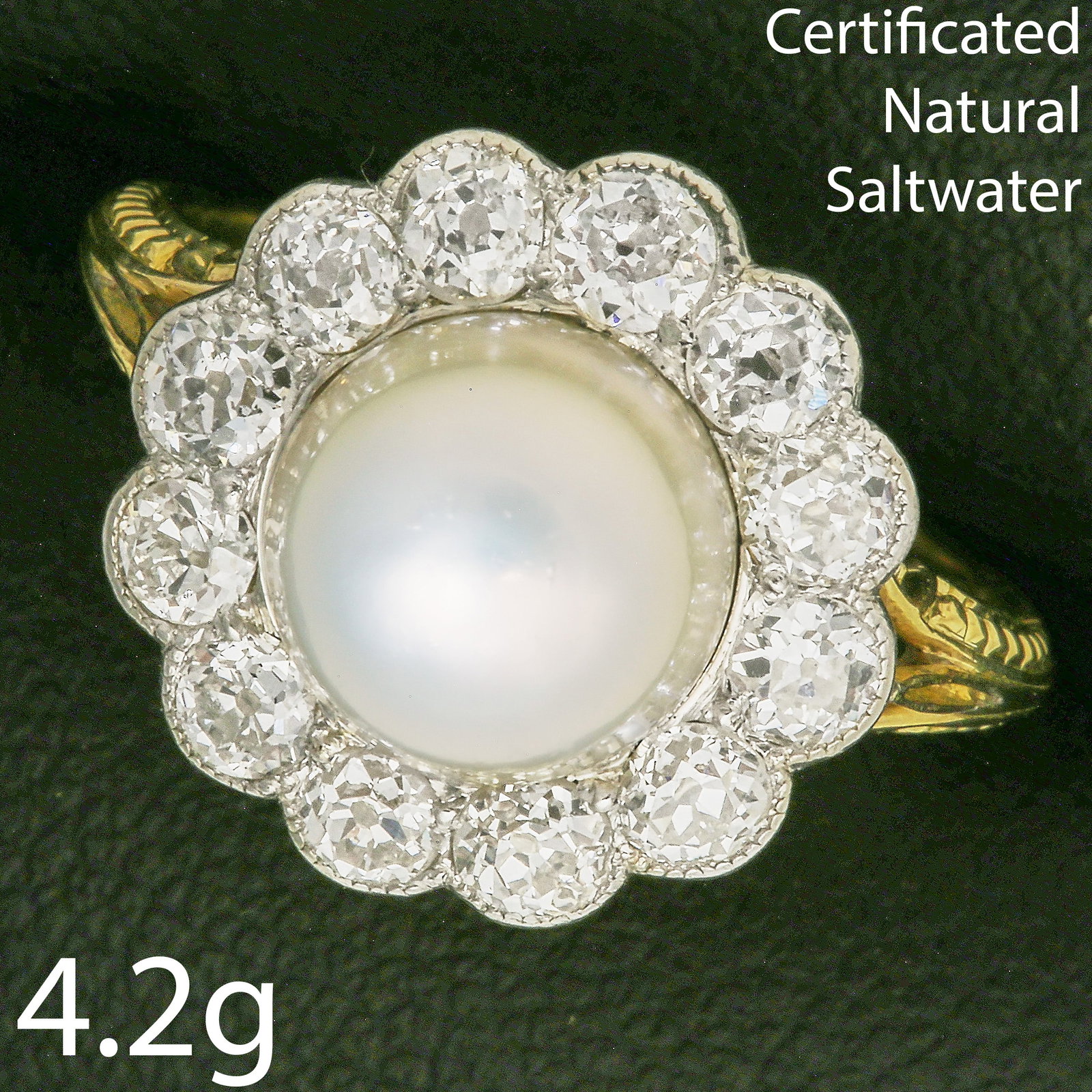 CERTIFICATED NATURAL SALTWATER PEARL AND DIAMOND CLUSTER RING: CERTIFICATED NATURAL SALTWATER PEARL AND DIAMOND CLUSTER RING4.2 grams high carat gold fine natural saltwater pearl bright lively old cut diamonds approx 1.45 ct size K fine craftsmanship for certific