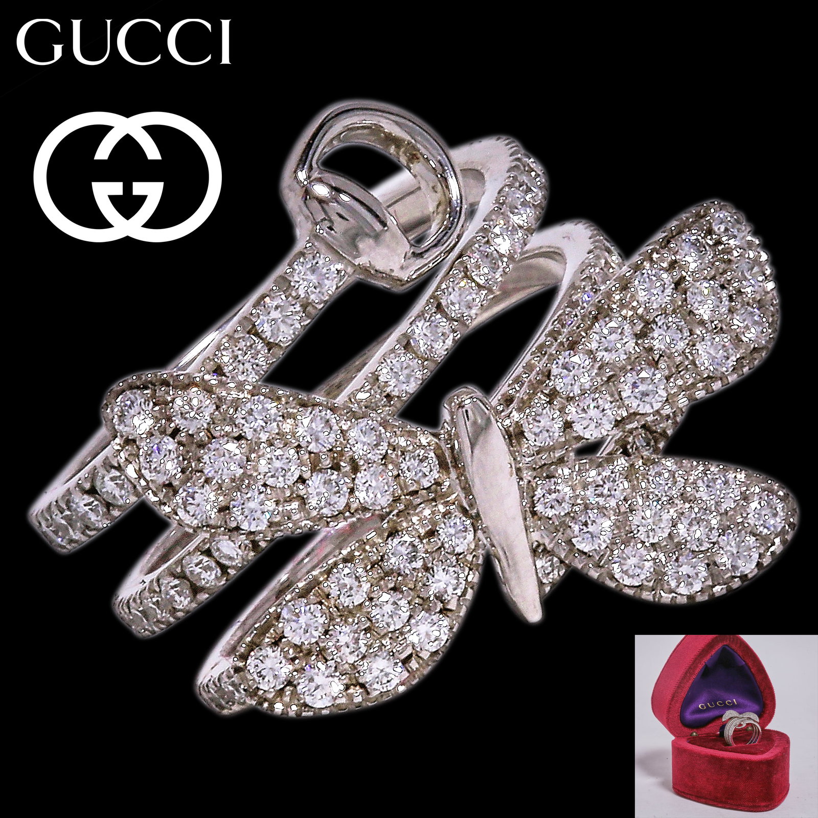 GUCCI DIAMOND BUTTERFLY RING: GUCCI DIAMOND BUTTERFLY RING 8.2 grams 18 ct bright lively diamonds accompanied with a gucci box size M