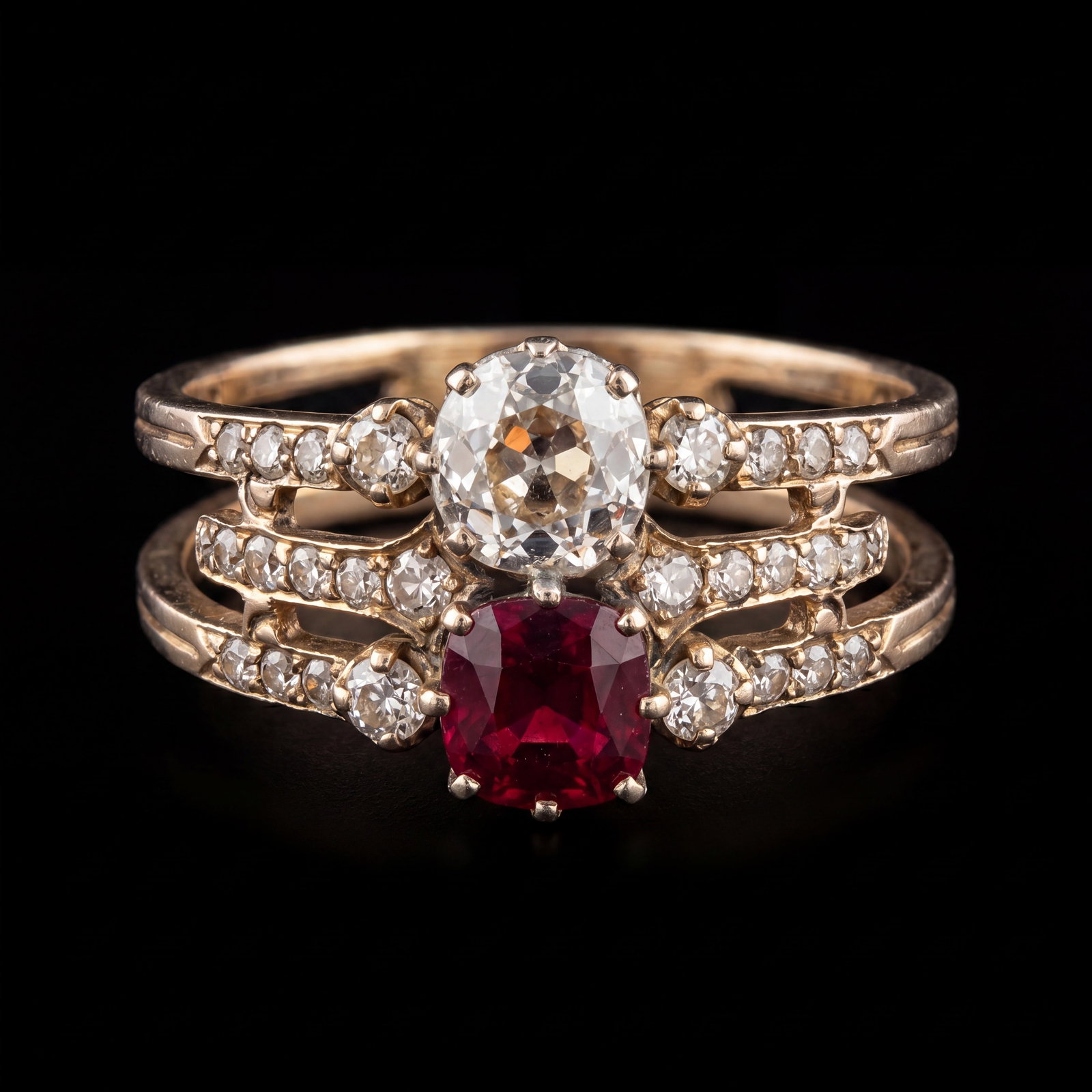 RUBY AND DIAMOND RING: RUBY AND DIAMOND RING,4,1 grams, testing high carat gold.Rich and vibrant ruby.Diamonds bright and lively.Size Q 1/2.