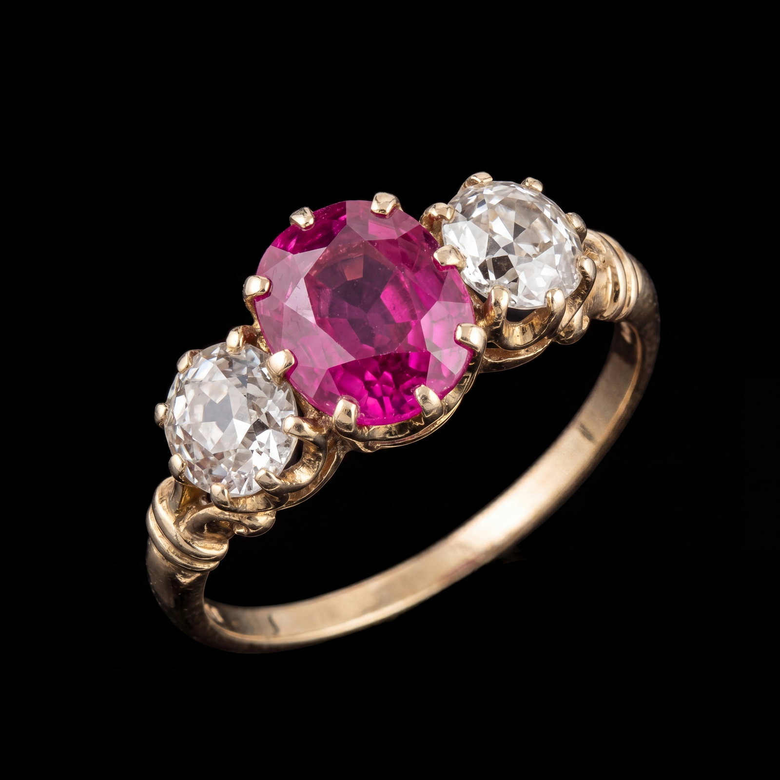 PINK SAPPHIRE AND DIAMOND 3-STONE RING: PINK SAPPHIRE AND DIAMOND 3-STONE RING,3,1 grams, 18 ct. gold.Rich and vibrant pink sapphire of aprpox. 1.10 ct.Diamonds bright and lively, totalling approx. 0,80 ct.Size N 1/2.