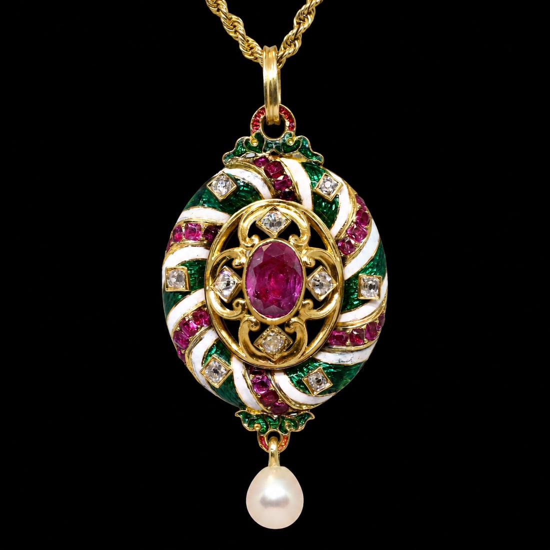 FINE HOLBEINESQUE RUBY, DIAMOND, PEARL AND ENAMEL PENDAN (1 of 1)