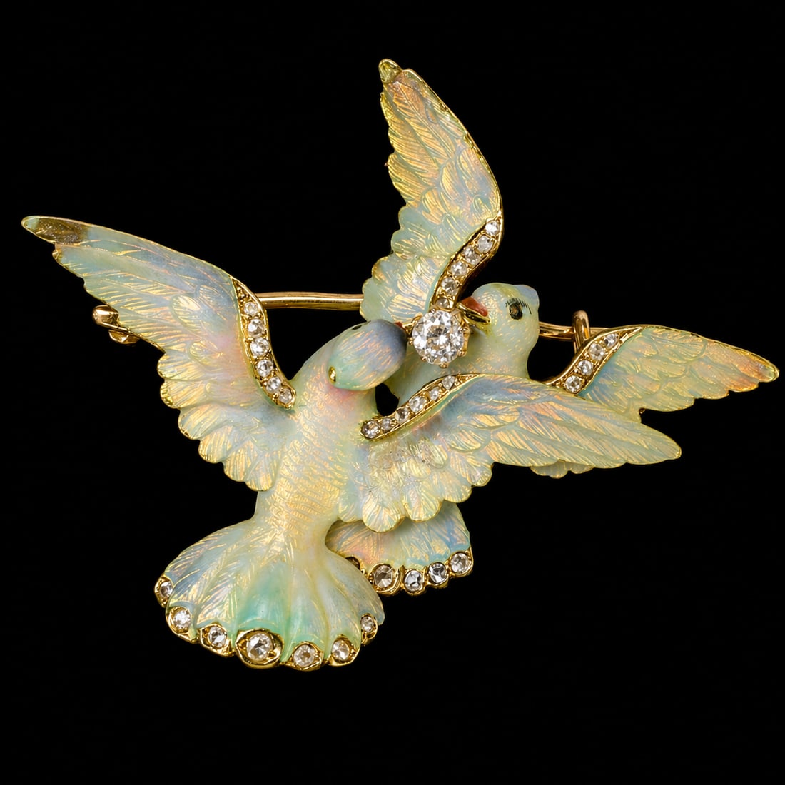 FANTASTIC VICTORIAN ENAMEL AND DIAMOND DOUBLE DOVE BROOCH/PENDANT: FANTASTIC VICTORIAN ENAMEL AND DIAMOND DOUBLE DOVE BROOCH/PENDANT,20.8 grams, testing 18 ct. gold.Depicting 2 doves in flight against each other, holding a diamond in between their beaks. Fine