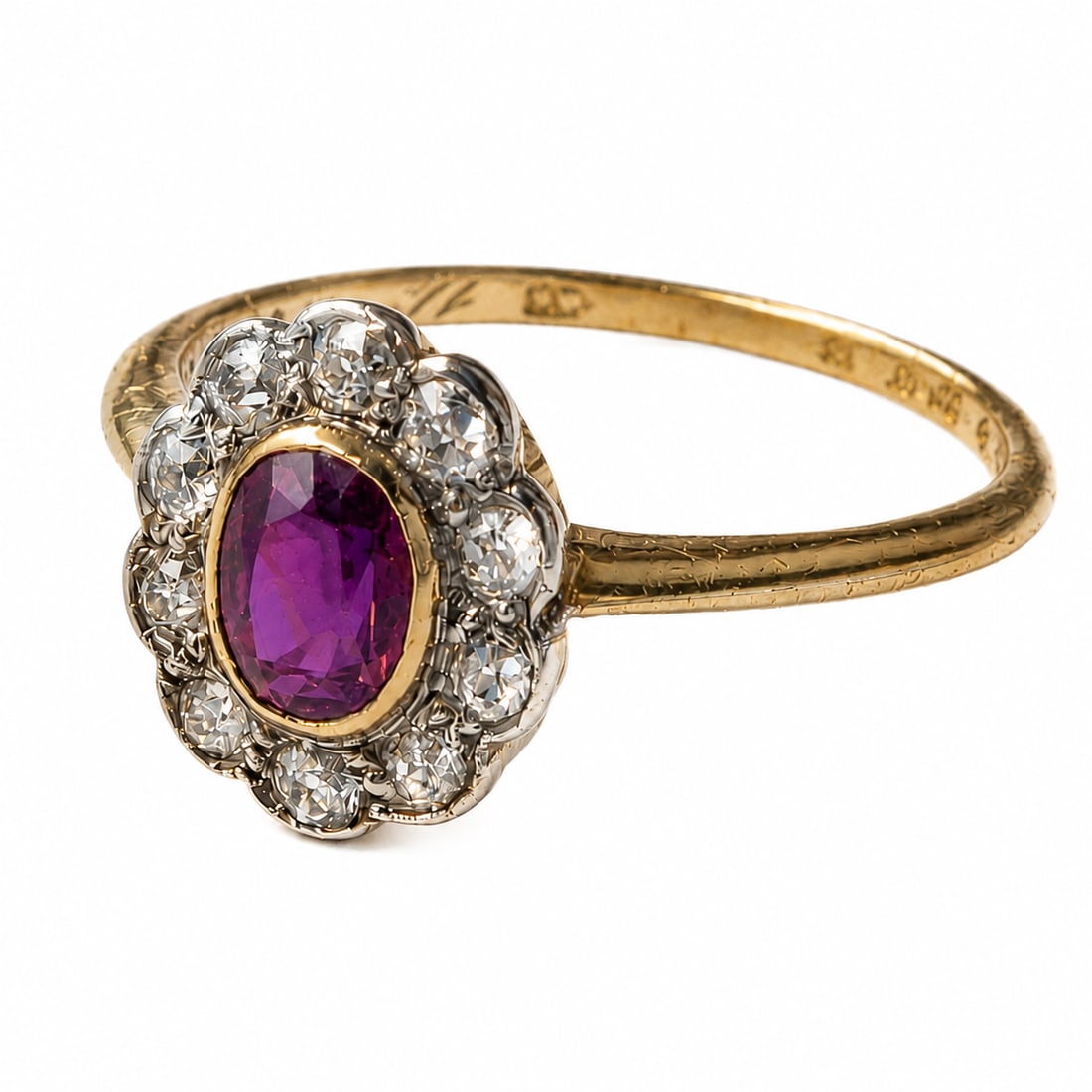 RUBY AND DIAMOND CLUSTER RING: RUBY AND DIAMOND CLUSTER RING,testing high carat gold.Rich and vibrant ruby of approx. 0.52 ct.Diamonds bright and lively.Size K 1/2.