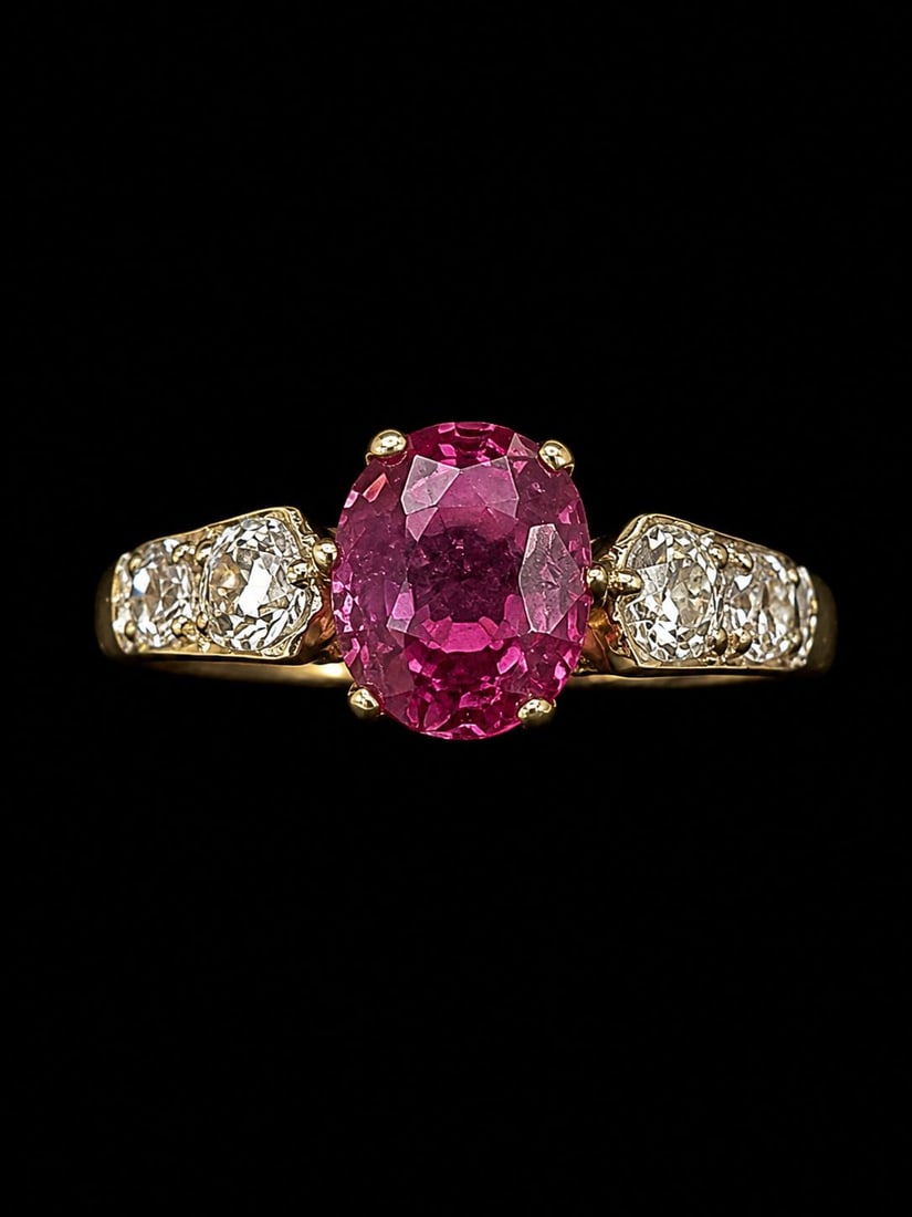 RUBY AND DIAMOND RING: RUBY AND DIAMOND RING,14 ct. gold.Rich and vibrant ruby of approx. 0.96 ct.Diamonds bright and lively.Size L.