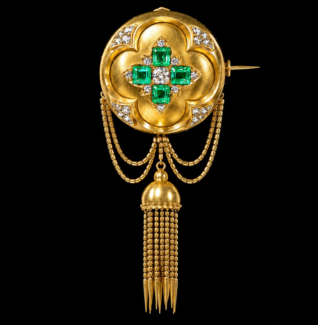 FINE VICTORIAN EMERALD AND DIAMOND TASSEL DROP BROOCH: FINE VICTORIAN EMERALD AND DIAMOND TASSEL DROP BROOCH,27.8 grams, testing high carat gold.Emeralds totalling approx. 4.25 ct.Bright and lively old cut diamonds.Fine articulated large tassel