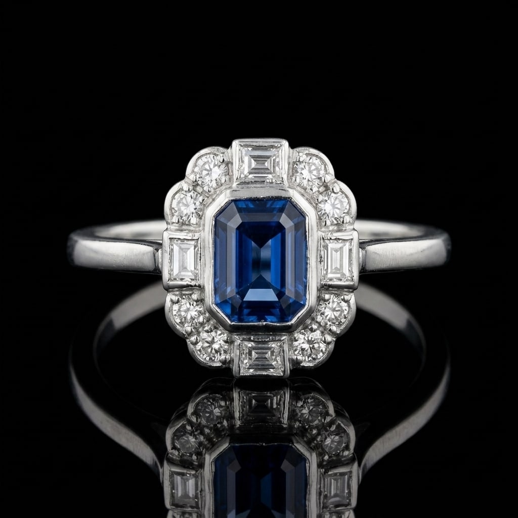 ART-DECO SAPPHIRE AND DIAMOND CLUSTER RING: ART-DECO SAPPHIRE AND DIAMOND CLUSTER RING,3,8 grams, platinum.Rich and vibrant sapphire of approx. 0.85 ct.Diamonds bright and lively.Size K 1/2.