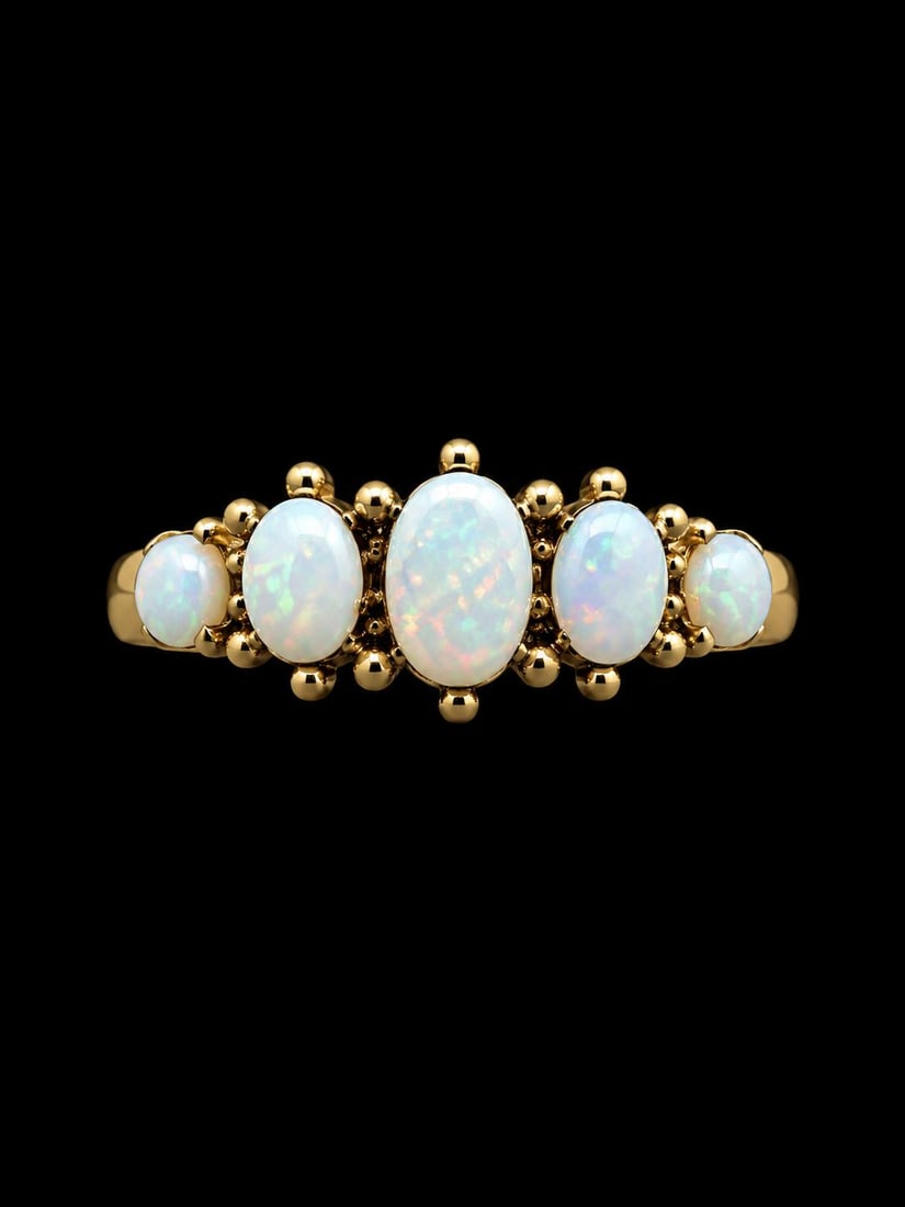 ANTIQUE OPAL 5-STONE RING: ANTIQUE OPAL 5-STONE RING,15 ct. gold.Opals with lovely play of colour.Size M 1/2.