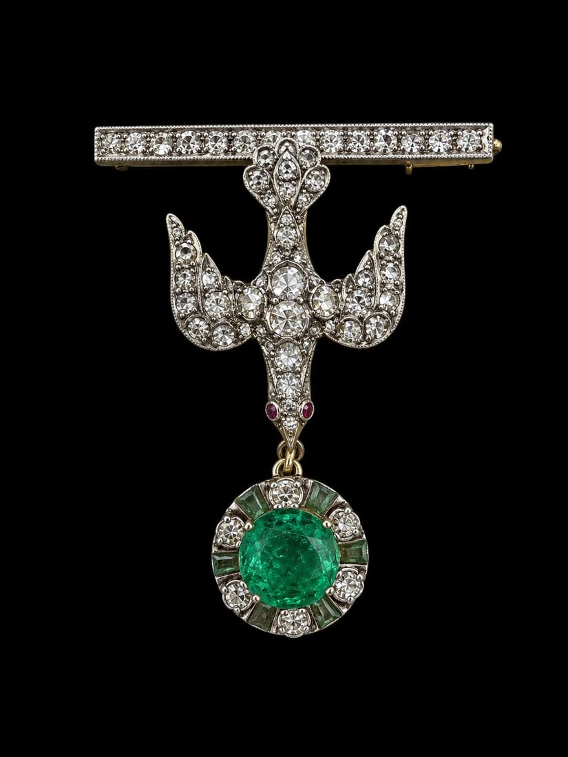 ANTIQUE EMERALD AND DIAMOND BIRD BROOCH: ANTIQUE EMERALD AND DIAMOND BIRD BROOCH,6,3 grams, testing high carat gold and silver.Diamonds bright and lively.The bird suspending an emerald from its mouth of approx. 0.95 ct.L. 3.7 cm.
