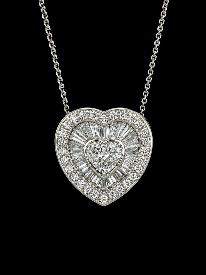ELEGANT DIAMOND HEART SHAPED PENDANT NECKLACE: ELEGANT DIAMOND HEART SHAPED PENDANT NECKLACE 5.2 grams high carat gold bright lively diamondsapprox 1.55 ct pendant L 1.5 cm chain L 40 cm