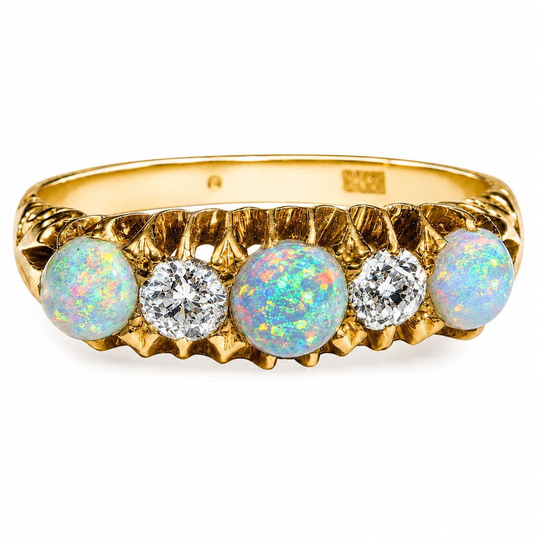 ANTIQUE OPAL AND DIAMOND RING: ANTIQUE OPAL AND DIAMOND RING,4.4 grams, 18 ct. gold.fine opals with good play of colour, including red.Diamonds bright and lively.Size Q.