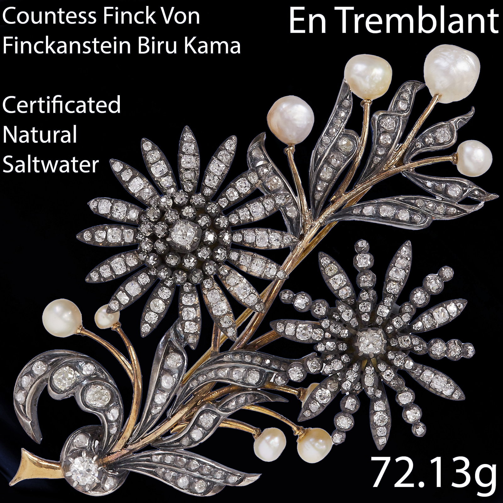 MAGNIFICENT AND RARE LARGE, CERTIFICATED NATURAL SALTWATER PEARLS AND DIAMOND FLORAL DOUBLE 'EN (1 of 1)