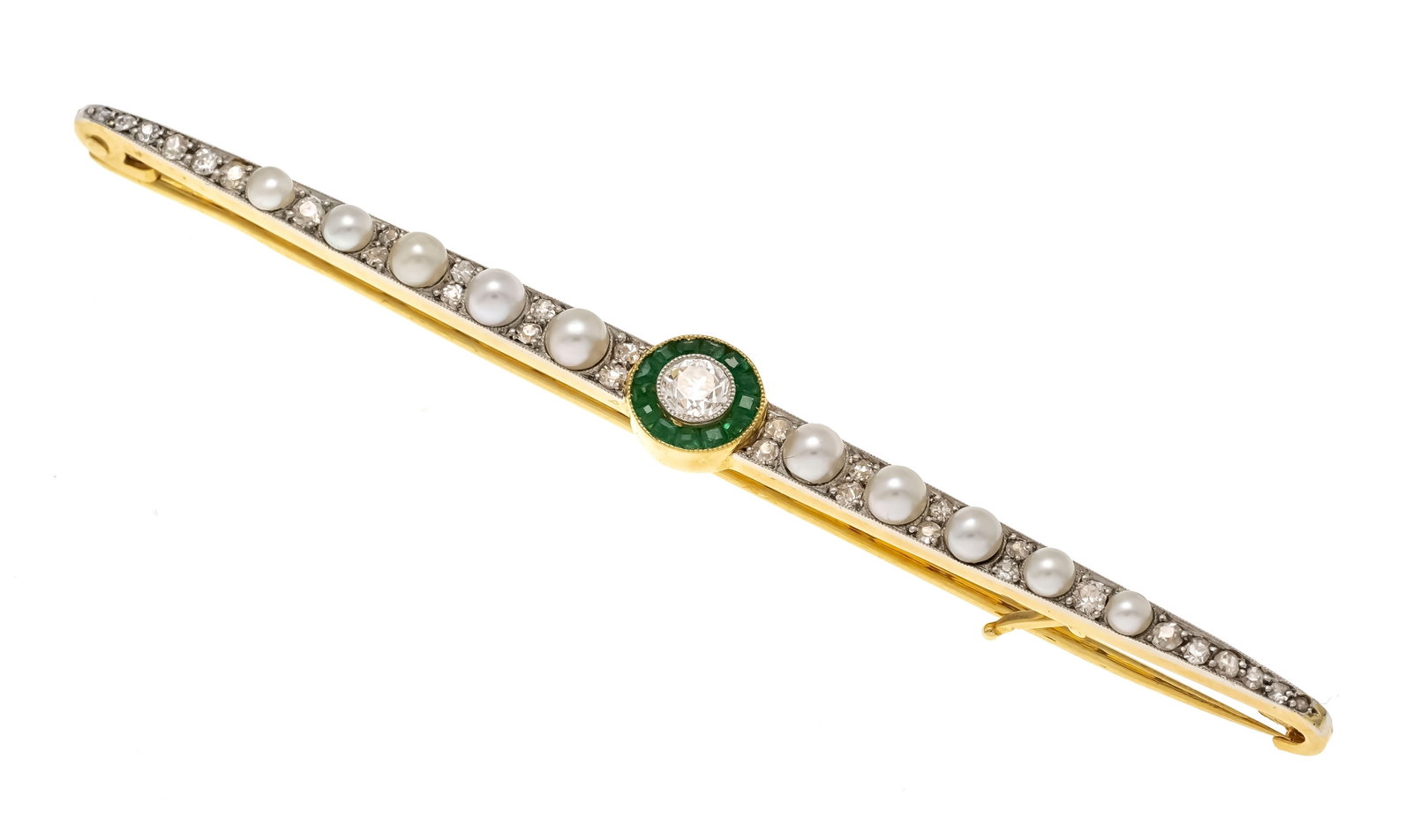 FINE EDWARDIAN EMERALD PEARL AND DIAMOND BROOCH: FINE EDWARDIAN EMERALD PEARL AND DIAMOND BROOCH,6,2 grams, testing high cart gold.Bright and lively diamonds.Rich and vibrant emerald.Generally well matched pearls.L. 7.3 cm.