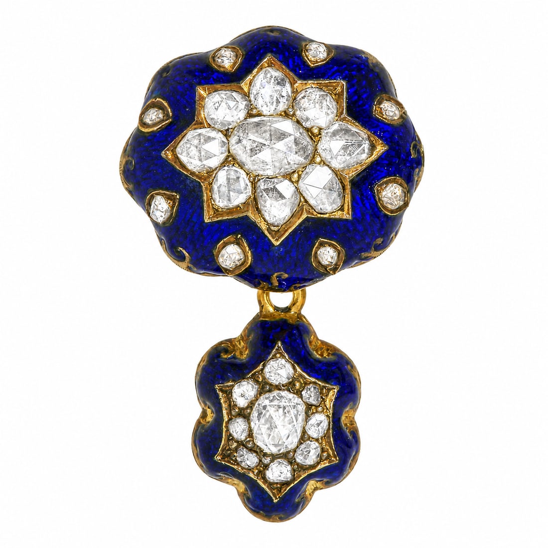 FINE VICTORIAN ROSE CUT DIAMOND AND ENAMEL GOLD BROOCH: FINE VICTORIAN ROSE CUT DIAMOND AND ENAMEL GOLD BROOCH 7.8 grams enamel in great condition lively diamonds L 3.5