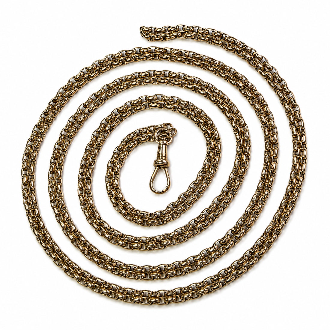ANTIQUE GUARD CHAIN GOLD NECKLACE: ANTIQUE GUARD CHAIN GOLD NECKLACE,28.9 grams.Lovely links with swivel clasp.L. 162 cm.