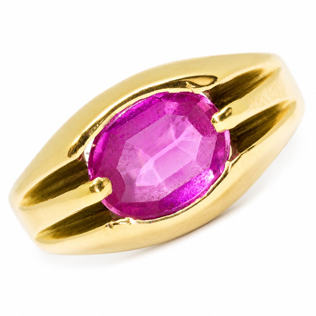 PINK GEMSTONE SOLITAIRE RING: PINK GEMSTONE SOLITAIRE RING,3.6 grams, stamped 10K.Rich and vibrant pink gemstone, possibly synthetic.Size O.