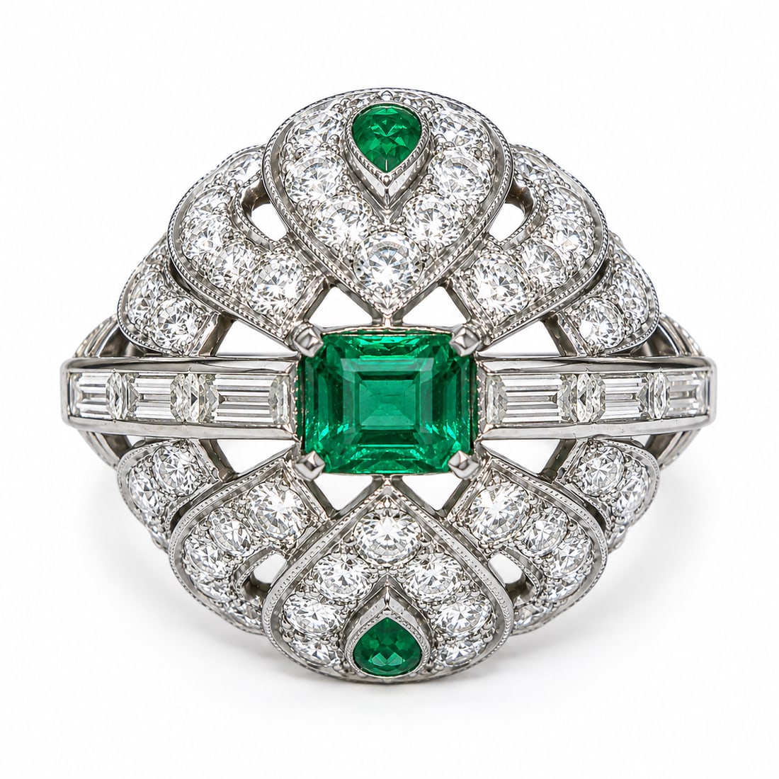 EMERALD AND DIAMOND CLUSTER RING: EMERALD AND DIAMOND CLUSTER RING,8.9 grams, testing high carat gold.Rich and vibrant emeralds totalling approx. 0.85 ct.Diamonds bright and lively totalling approx. 1.60 ct.Size R.
