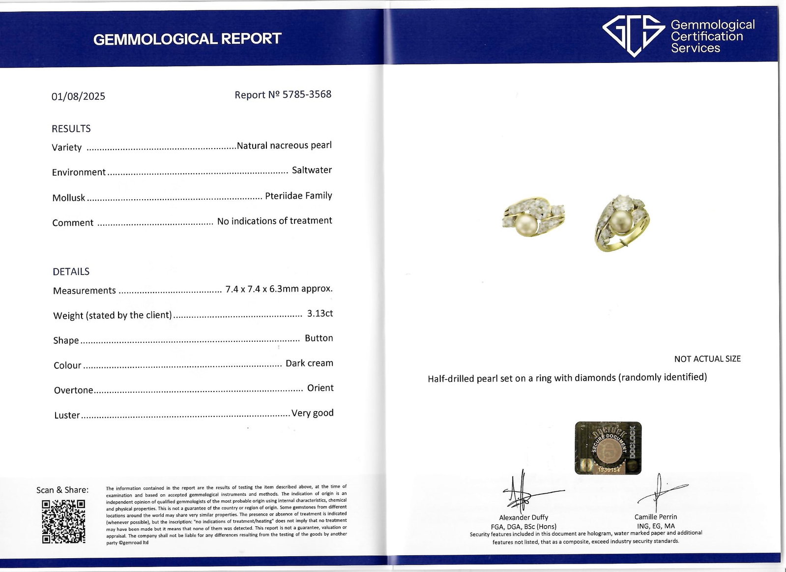 ELEGANT CERTIFICATED NATURAL SALTWATER PEARL AND DIAMOND CROSSOVER RING (1 of 1)