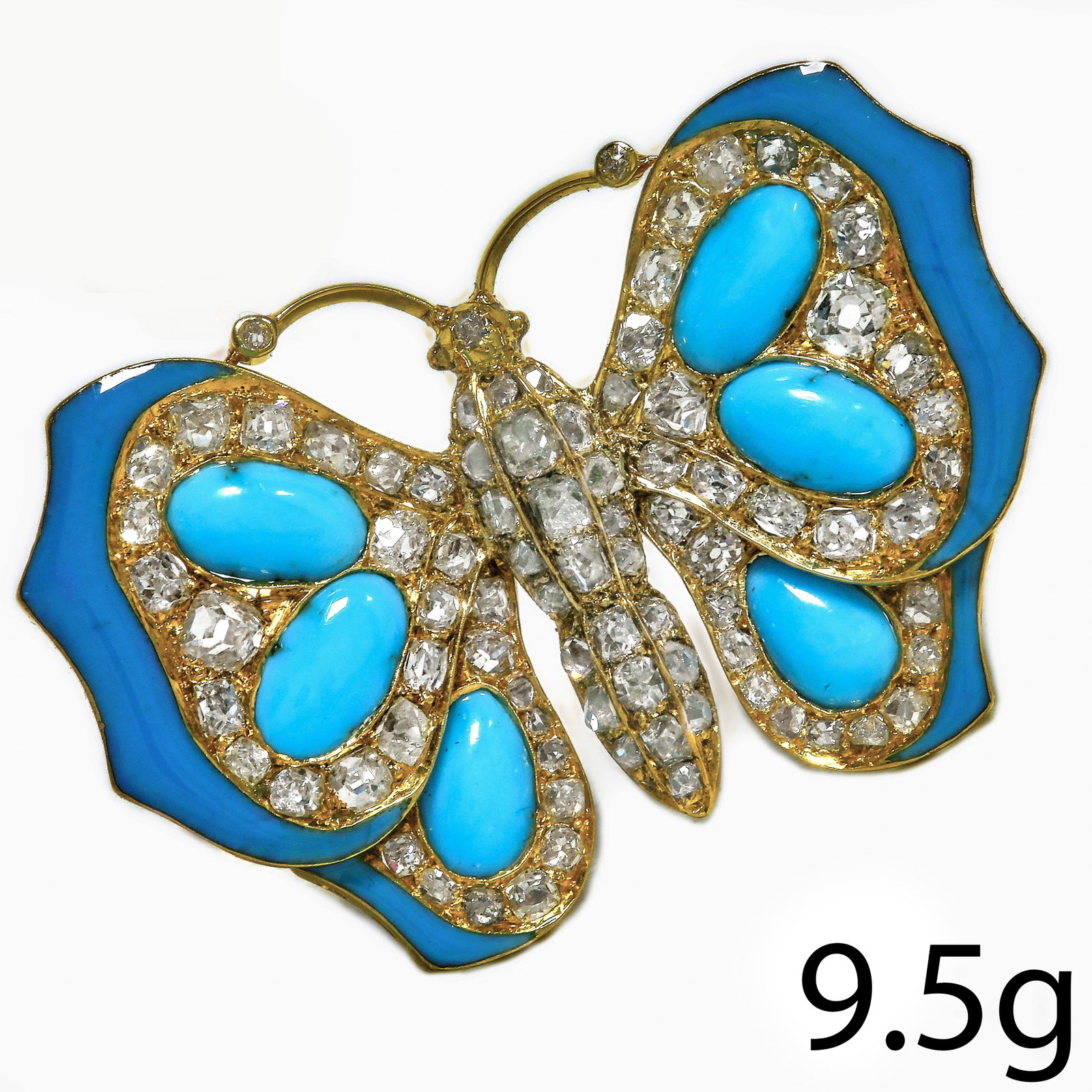 FINE ANTIQUE ENAMEL TURQUOISE AND DIAMOND BUTTERFLY BROOCH: FINE ANTIQUE ENAMEL TURQUOISE AND DIAMOND BUTTERFLY BROOCH,9.5 grams, testing high carat gold.Vibrant turquoise.Diamonds bright and lively.Enamel in good condition.W. 3.7 cm.