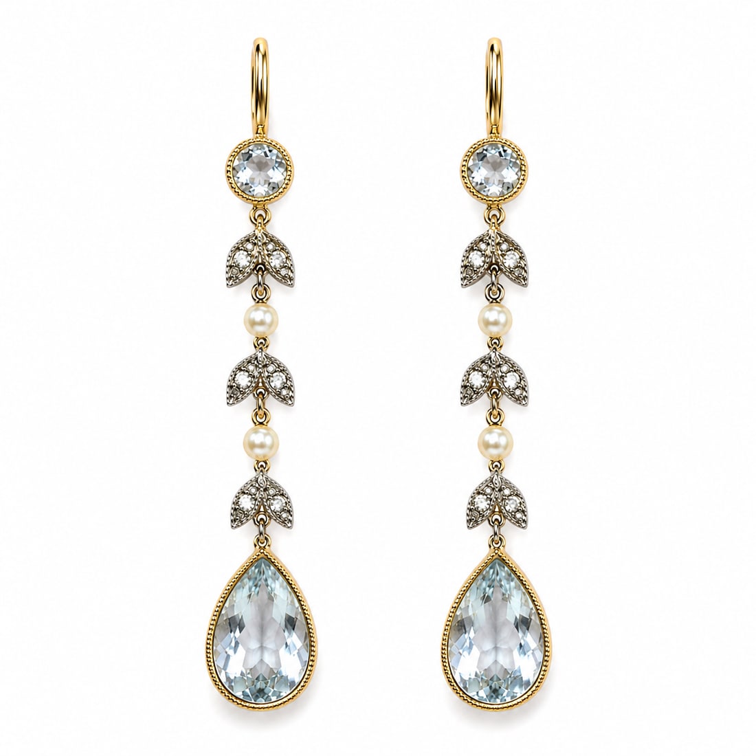 PAIR OF AQUAMARINE, PEARL AND DIAMOND DROP EARRINGS: PAIR OF AQUAMARINE, PEARL AND DIAMOND DROP EARRINGS,testing high carat gold.Rich and vibrant aquamarine totalling aprpox. 3.52 ct.Fine articulated.L. 4,6 cm.
