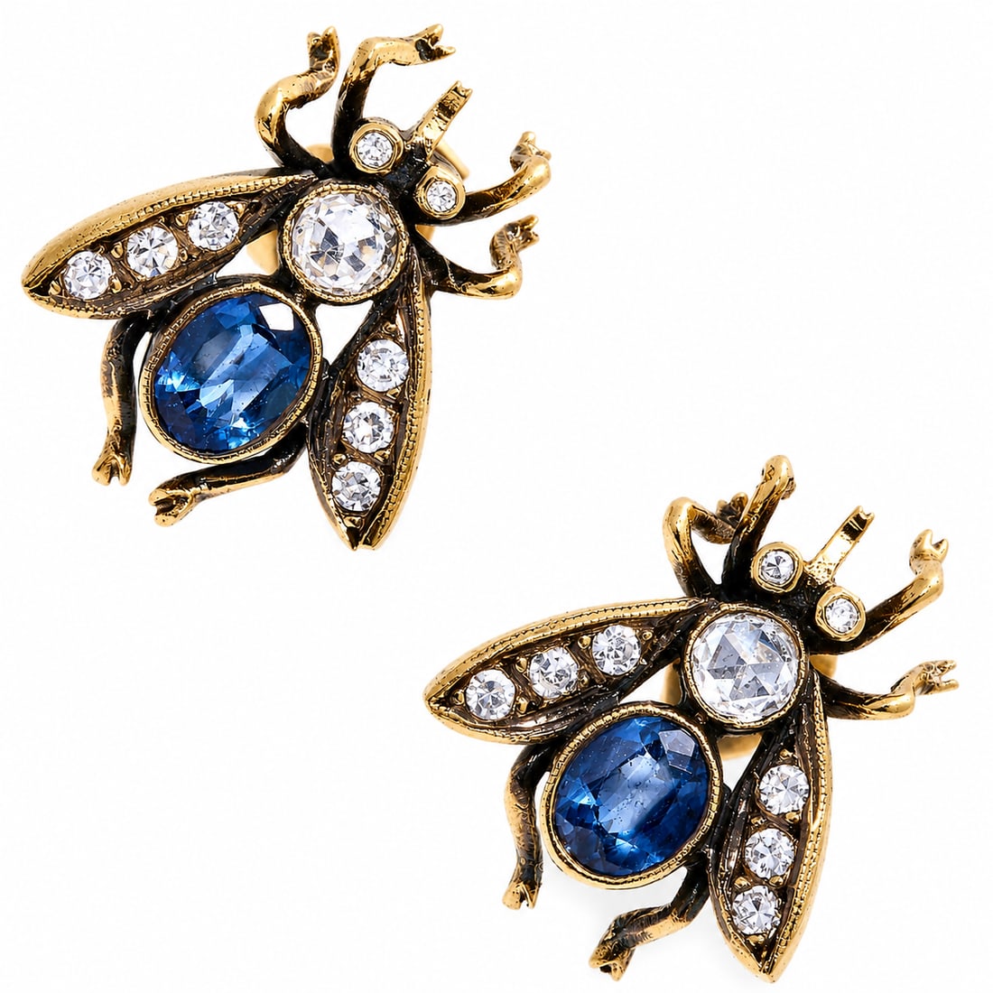 PAIR OF SAPPHIRE AND DIAMOND INSECT EARRINGS: PAIR OF SAPPHIRE AND DIAMOND INSECT EARRINGS 3.7 grams vibrant sapphires with no abrasions lively diamonds L 1.5 cm