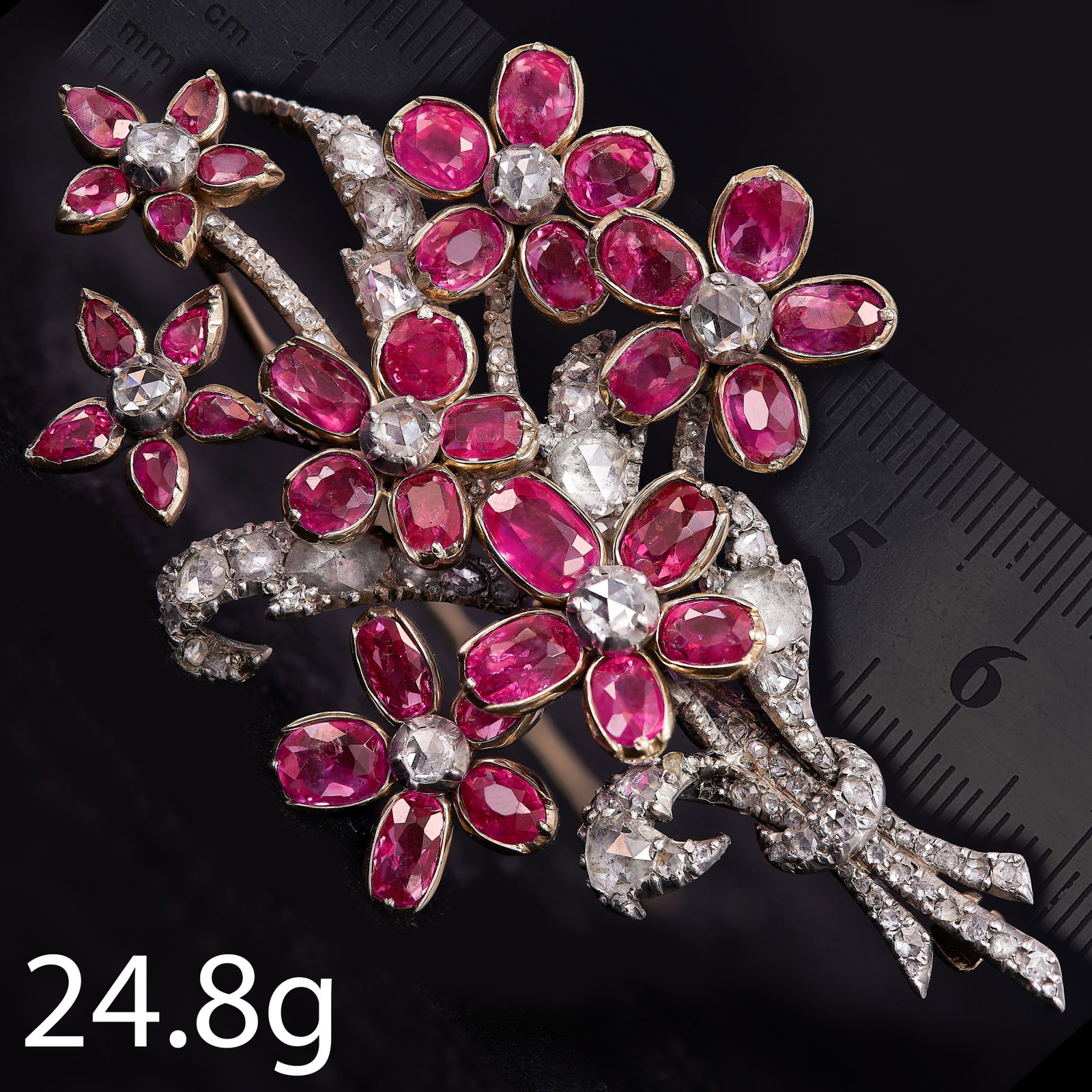 MAGNIFICENT VICTORIAN CERTIFICATED BURMA NO HEAT AND DIAMOND FLORAL BROOCH: MAGNIFICENT VICTORIAN CERTIFICATED BURMA NO HEAT AND DIAMOND FLORAL BROOCH 24.8 grams. gold back.Rich and vibrant rubies, approx. 14.50 ct. (Certificated, Burma, No Heat).Diamonds bright and lively.