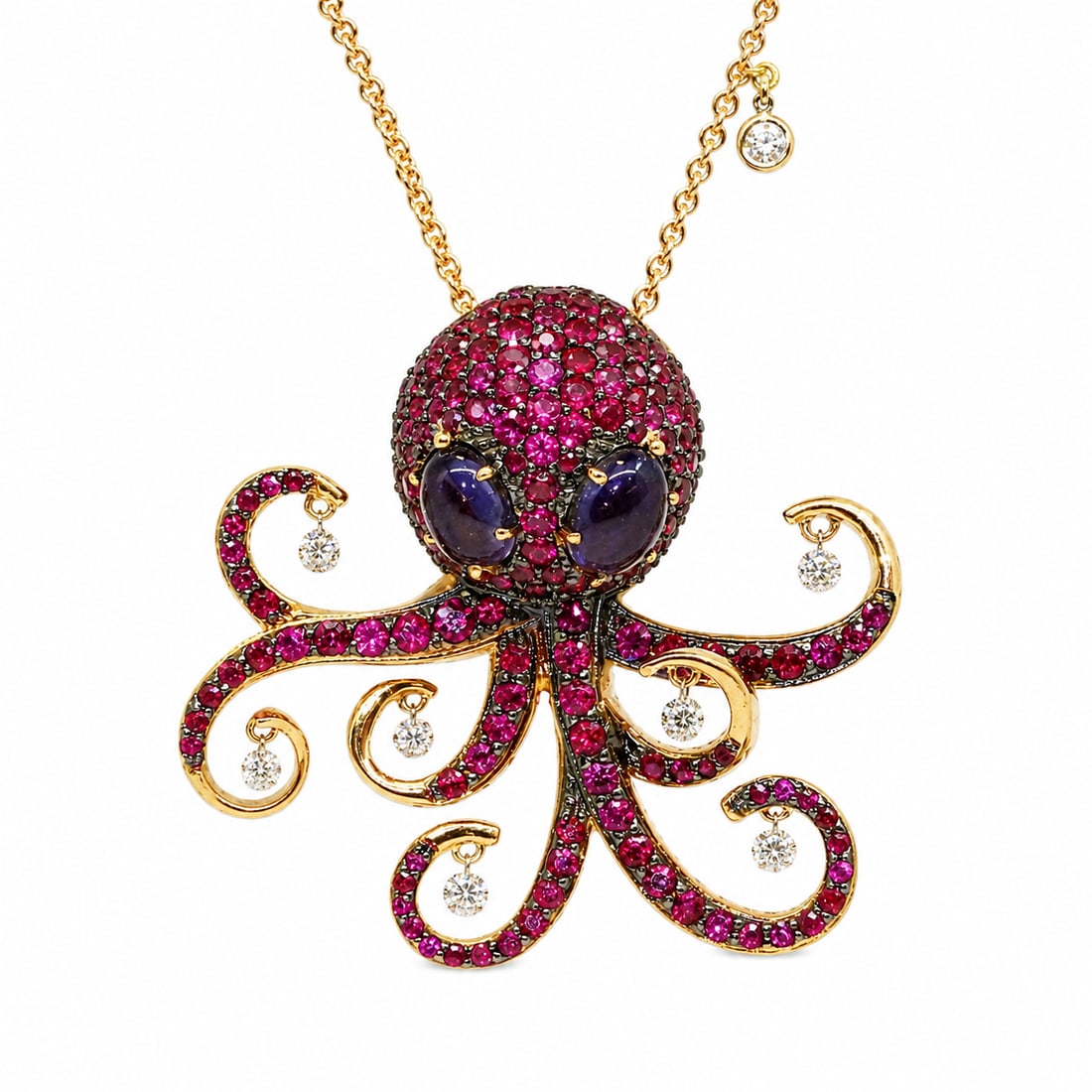 PONTE VECCHIO GIOIELLI, RUBY DIAMOND AND AMETHYST OCTOPUS PENDANT AND DIAMOND CHAIN NECKLACE,: PONTE VECCHIO GIOIELLI, RUBY DIAMOND AND AMETHYST OCTOPUS PENDANT AND DIAMOND CHAIN NECKLACE,20.1 grams, testing 18 ct. gold.The octopus set with vibrant rubies, and cahochon cut amethyst