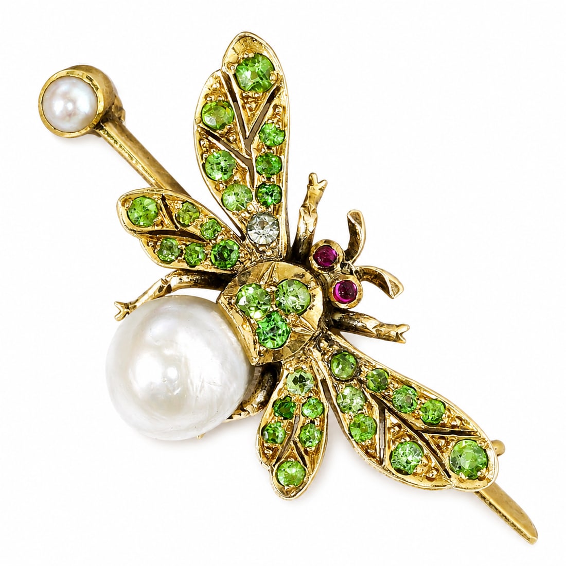 UNUSUAL DEMANTOID GARNET AND NATURAL PEARL BUG BROOCH: UNUSUAL DEMANTOID GARNET AND NATURAL PEARL BUG BROOCH,4.8 grams, testing 15 ct. gold.Vibrant demantoid garnets.The body set with a large natural Salt water pearl of approx. 7.98 x 7.33 x 6.57 mm.W.