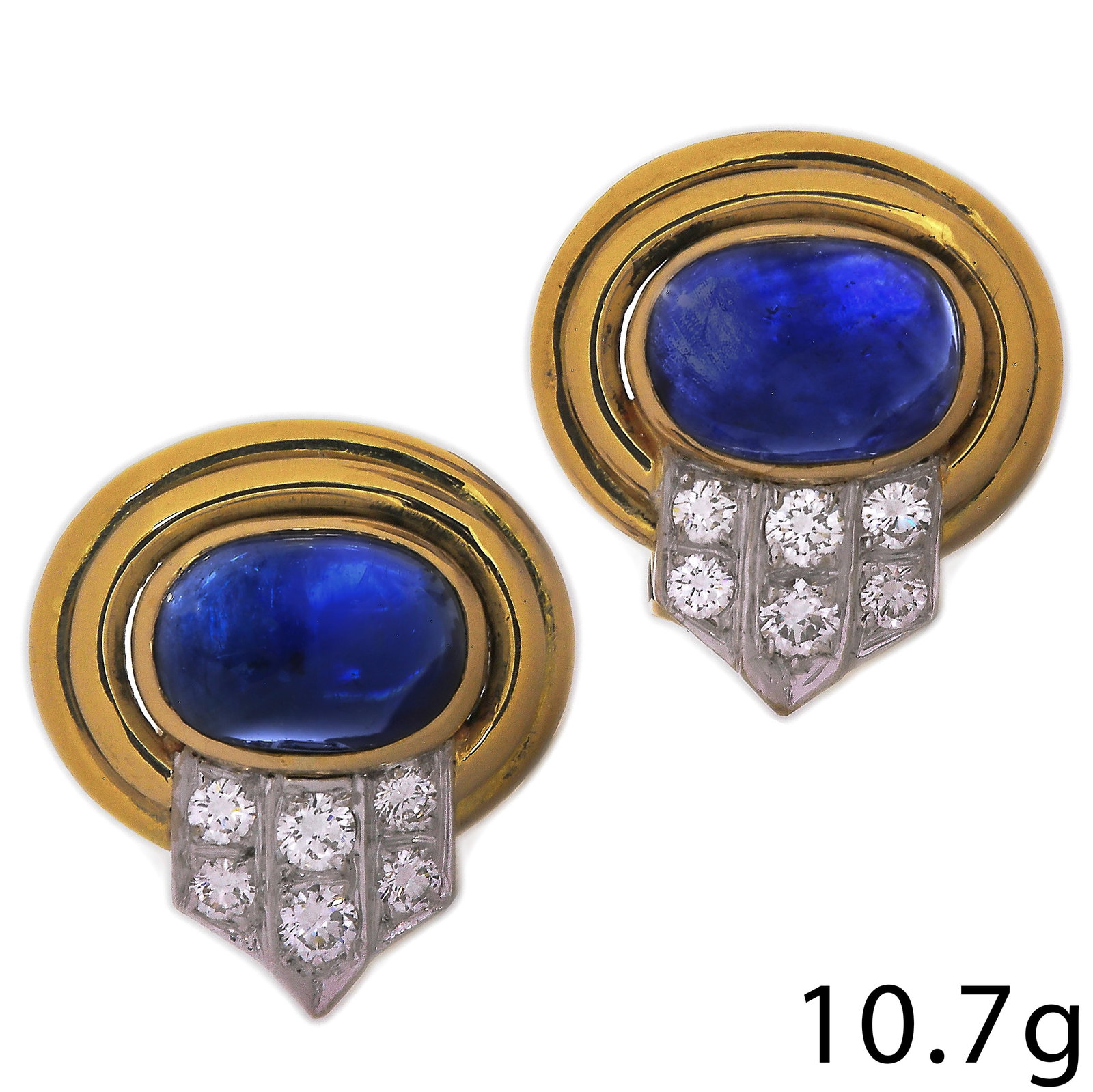 VINTAGE SAPPHIRE AND DIAMOND EAR CLIPS: VINTAGE SAPPHIRE AND DIAMOND EAR CLIPS 10.7 grams 18 ct vibrant sapphires with no abrasions approx 7.90 ct lively diamonds L 1.9 cm W 1.6 cm