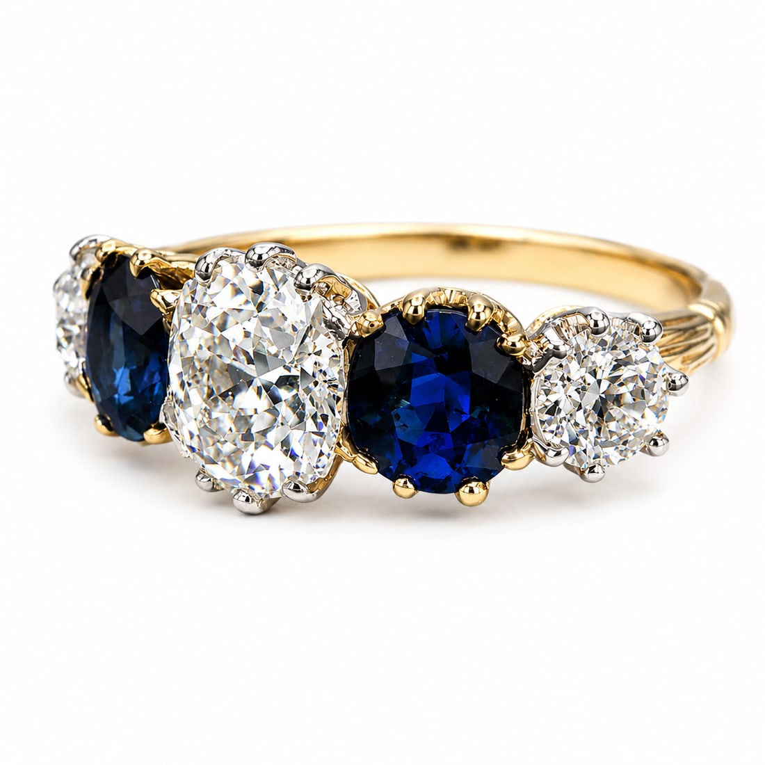 FINE SAPPHIRE AND DIAMOND 5-STONE RING: FINE SAPPHIRE AND DIAMOND 5-STONE RING,4.4 grams, testing high carat gold.Bright and lively old cut diamonds, totalling approx. 1.60 ct. With a larger central diamond of approx. 1.10 ct.Rich and