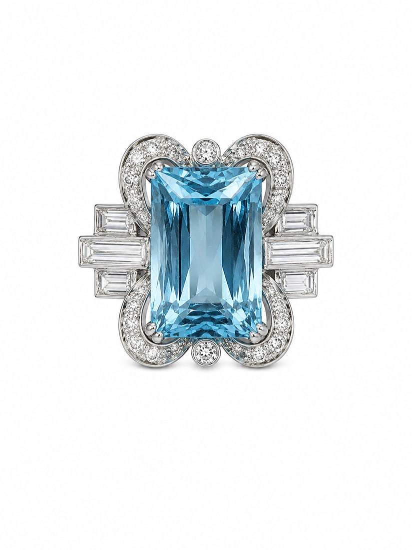 AQUAMARINE AND DIAMOND RING: AQUAMARINE AND DIAMOND RING,10.2 grams, testing platinum.Rich and vibrant aquamarine of approx. 6.15 ct.Diamonds bright and lively, totalling approx. 1.30 ct.Size M.