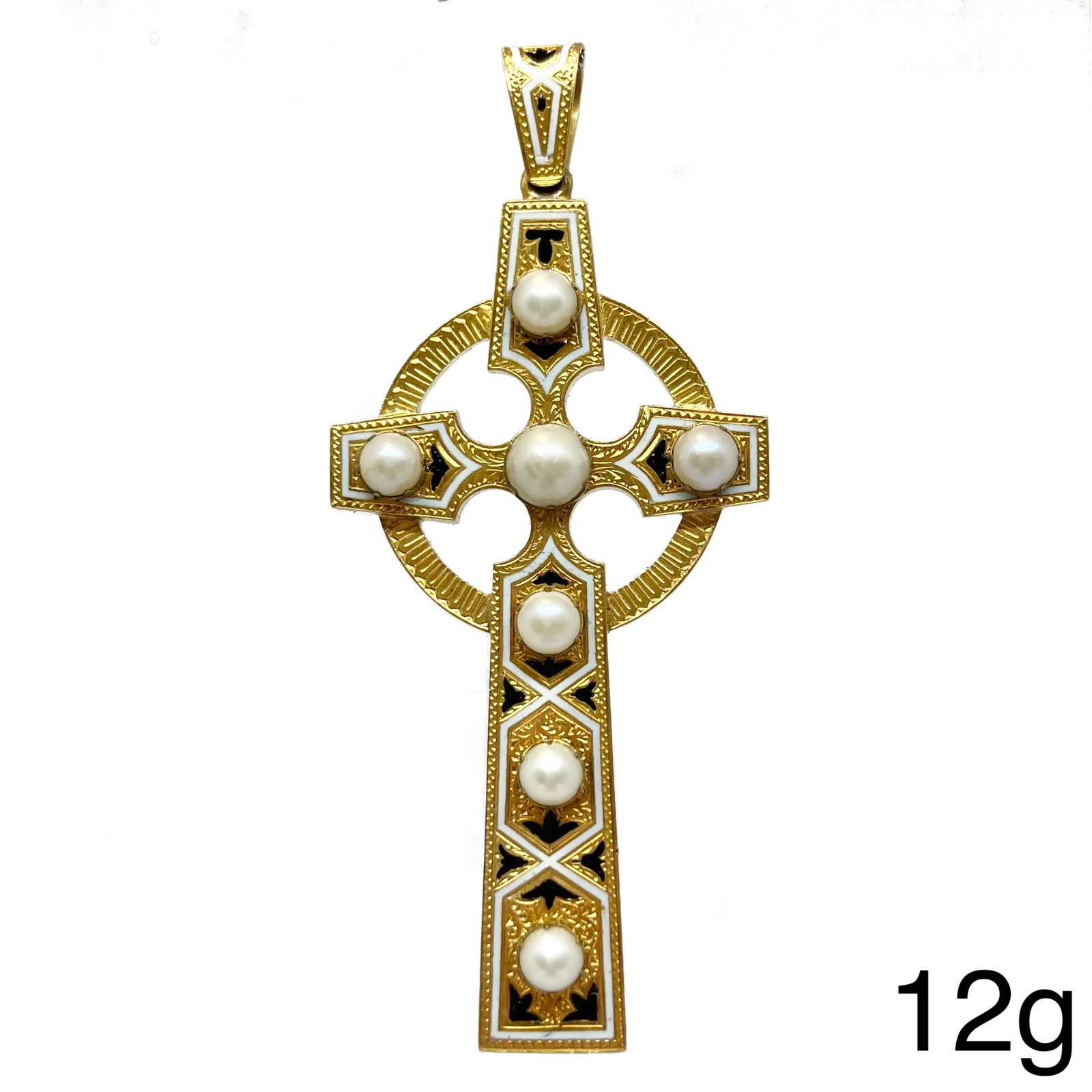 VICTORIAN ENAMEL AND PEARL CELTIC CROSS PENDANT: VICTORIAN ENAMEL AND PEARL CELTIC CROSS PENDANT,12 grams, testing high carat gold.Multi-colour enamel.Pearls untested, believed to be Scottish river pearls.L. 8/2 cm.
