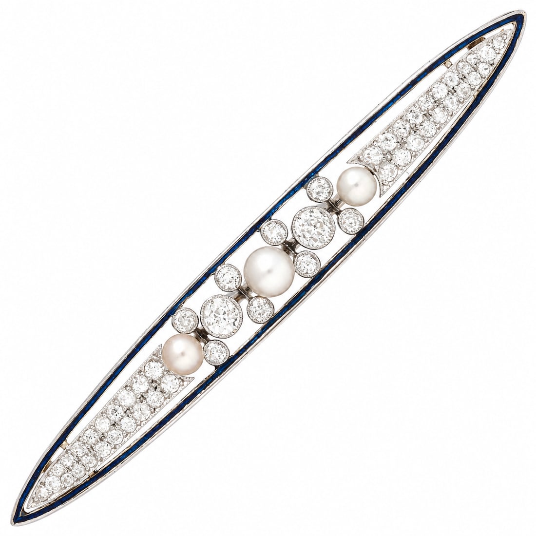 EDWARDIAN DIAMOND PEARL AND ENAMEL BROOCH: EDWARDIAN DIAMOND PEARL AND ENAMEL BROOCH,10.6 grams, testing high carat gold and platinum.Bright and lively diamonds, totalling approx. 3.30 ct.Lovely pearls (untested, assumed to be natural).