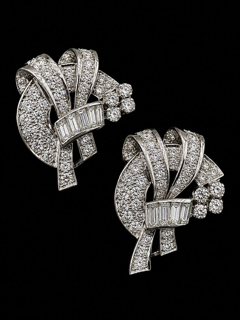 ART DECO DIAMOND DOUBLE CLIP BROOCH: ART DECO DIAMOND DOUBLE CLIP BROOCH23.8 grams, testing platinum. Bright and lively diamonds totalling approx. 4.50 ct. W. 5.3 cm.