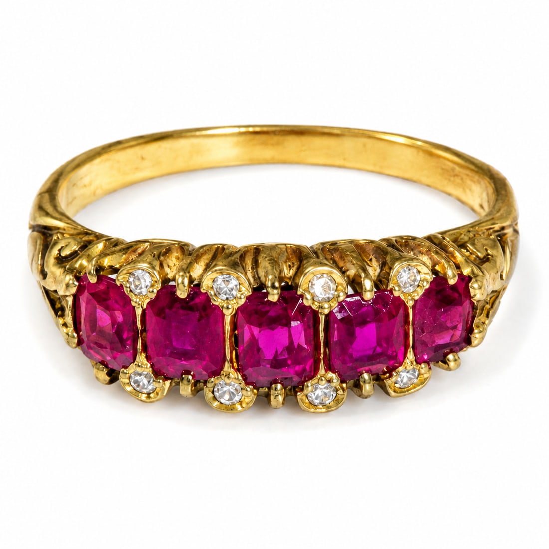 CERTIFICATED BURMA RUBY AND DIAMOND 5-STONE RING: CERTIFICATED BURMA RUBY AND DIAMOND 5-STONE RING,3,4 grams, 18 ct. gold.Rich and vibrant rubies, totalling approx. 1 ct. (Certificated, Burma 'Mogok' No heat).Size N.See certificate.