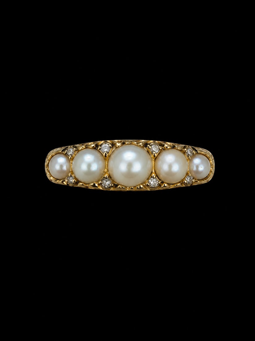 ANTIQUE PEARL AND DIAMOND 5-STONE RING: ANTIQUE PEARL AND DIAMOND 5-STONE RING,3,1 grams, testing 18 ct. gold.Lovely pearls.Size L 1/2.