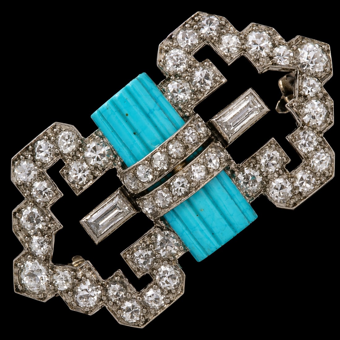 IMPORTANT ART DECO DIAMOND ANT TURQUOISE BROOCH: IMPORTANT ART DECO DIAMOND ANT TURQUOISE BROOCH 7.5 grams bright lively diamonds finely carved turquoise fine craftsmanship L 1.9 cm W 3.2 cm