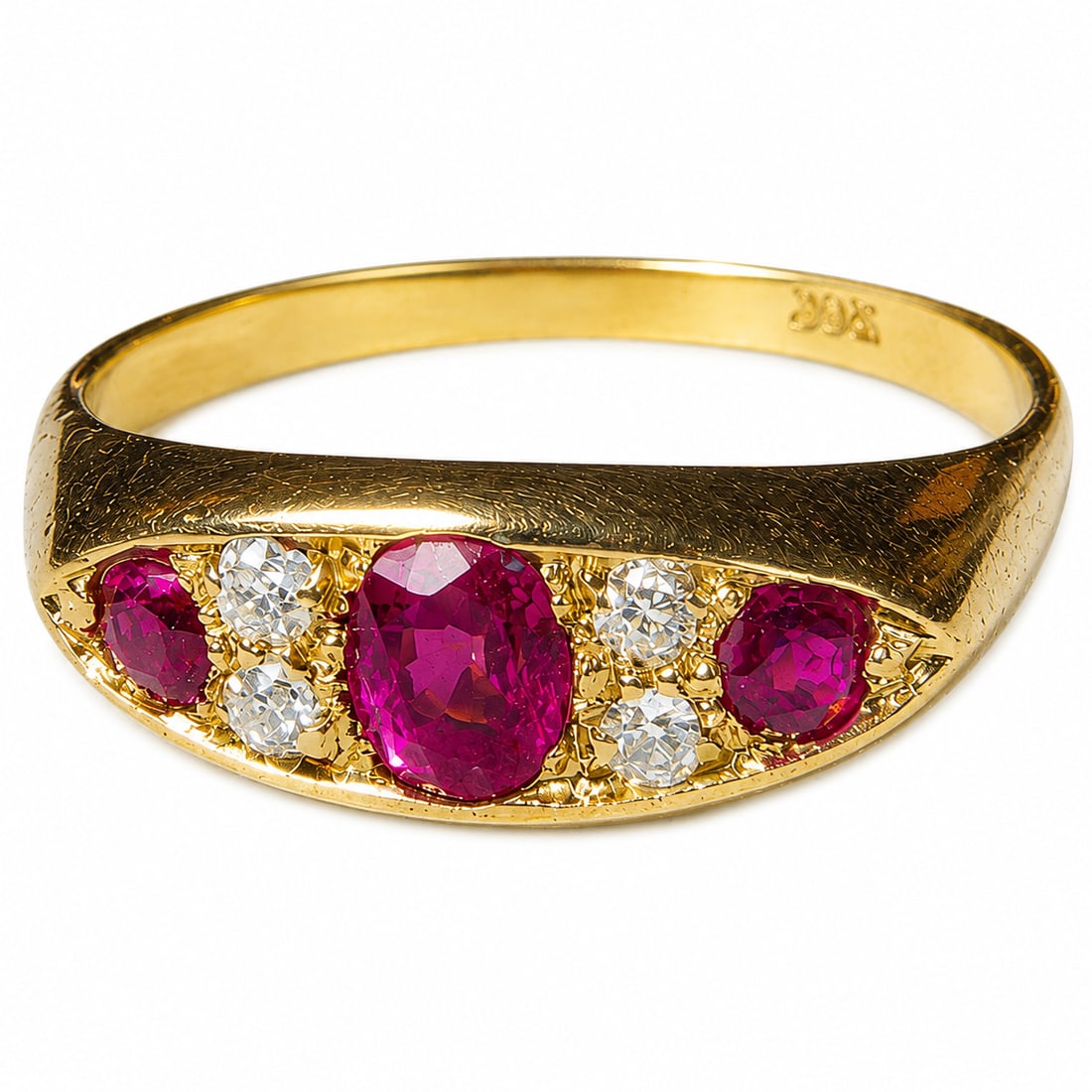 RUBY AND DIAMOND 5-STONE RING: RUBY AND DIAMOND 5-STONE RING,4 grams, testing 18 ct. gold.Rich and vibrant rubies.Diamonds bright and lively.Size P 1/2.