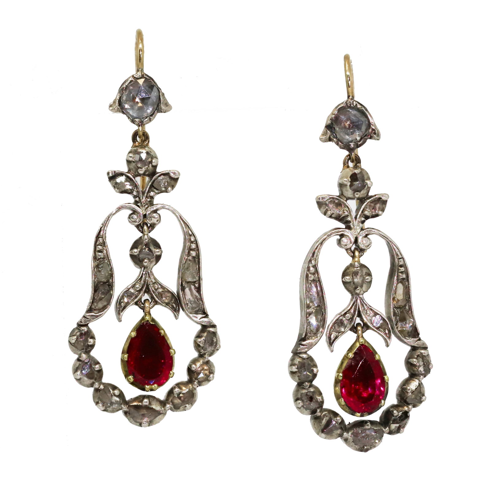 VICTORIAN GEM SET EARRINGS: VICTORIAN GEM SET EARRINGS 6.9 grams rich vibrant red stones lively diamonds L 4.1 cm